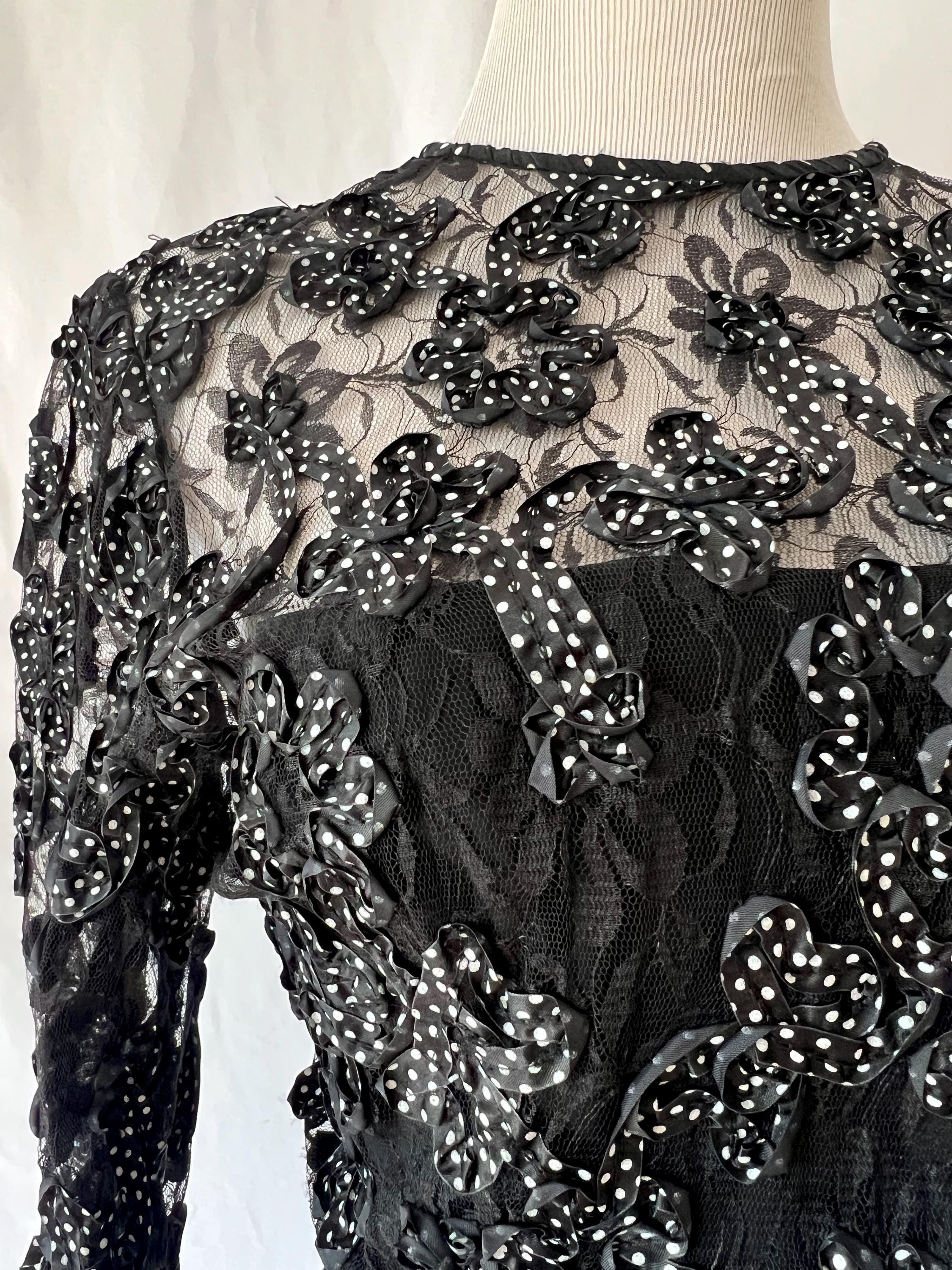 1980s Couture Gown: Vintage Black Lace Ribbon Party Dress