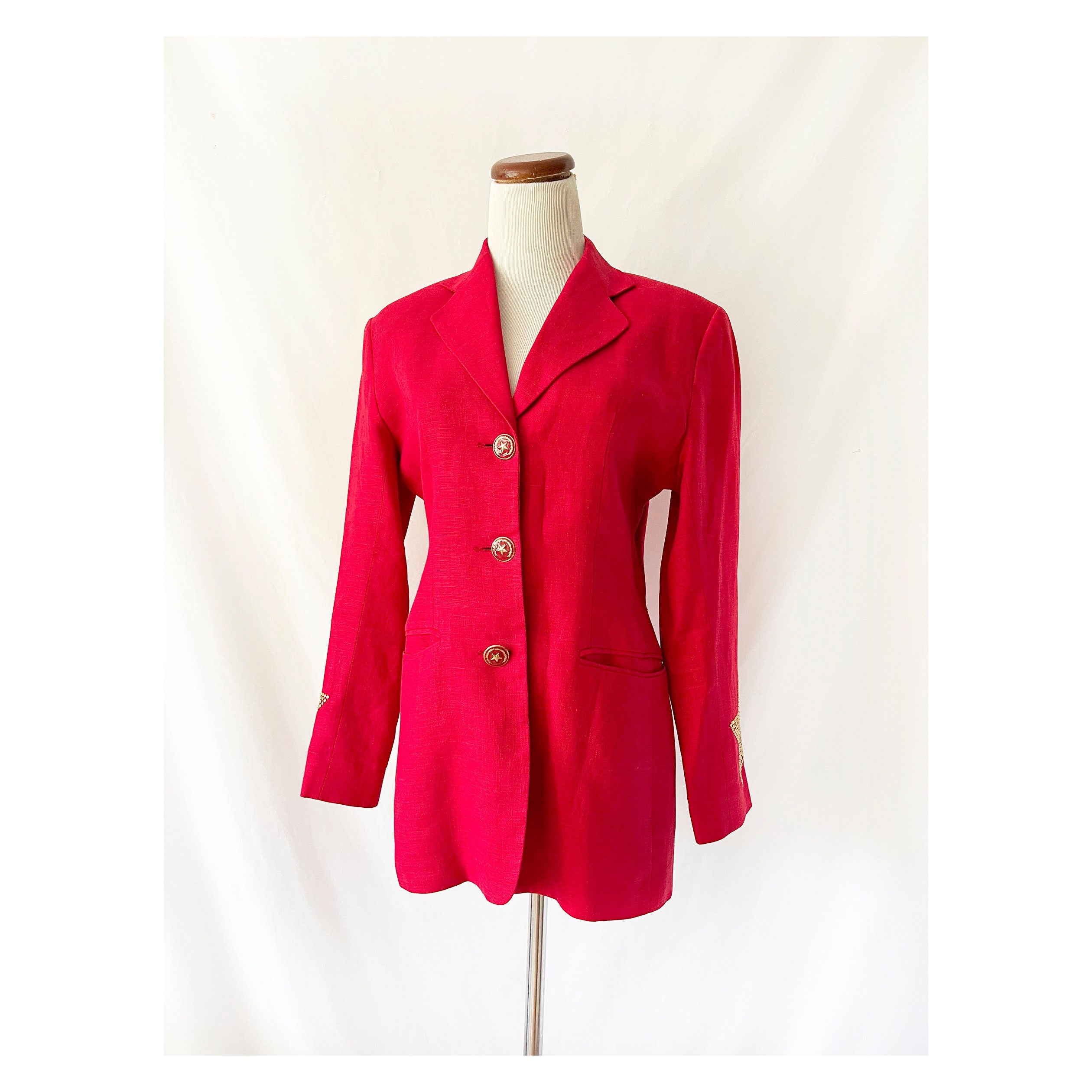 vintage red linen blazer gold star details 1990s blazer size 6