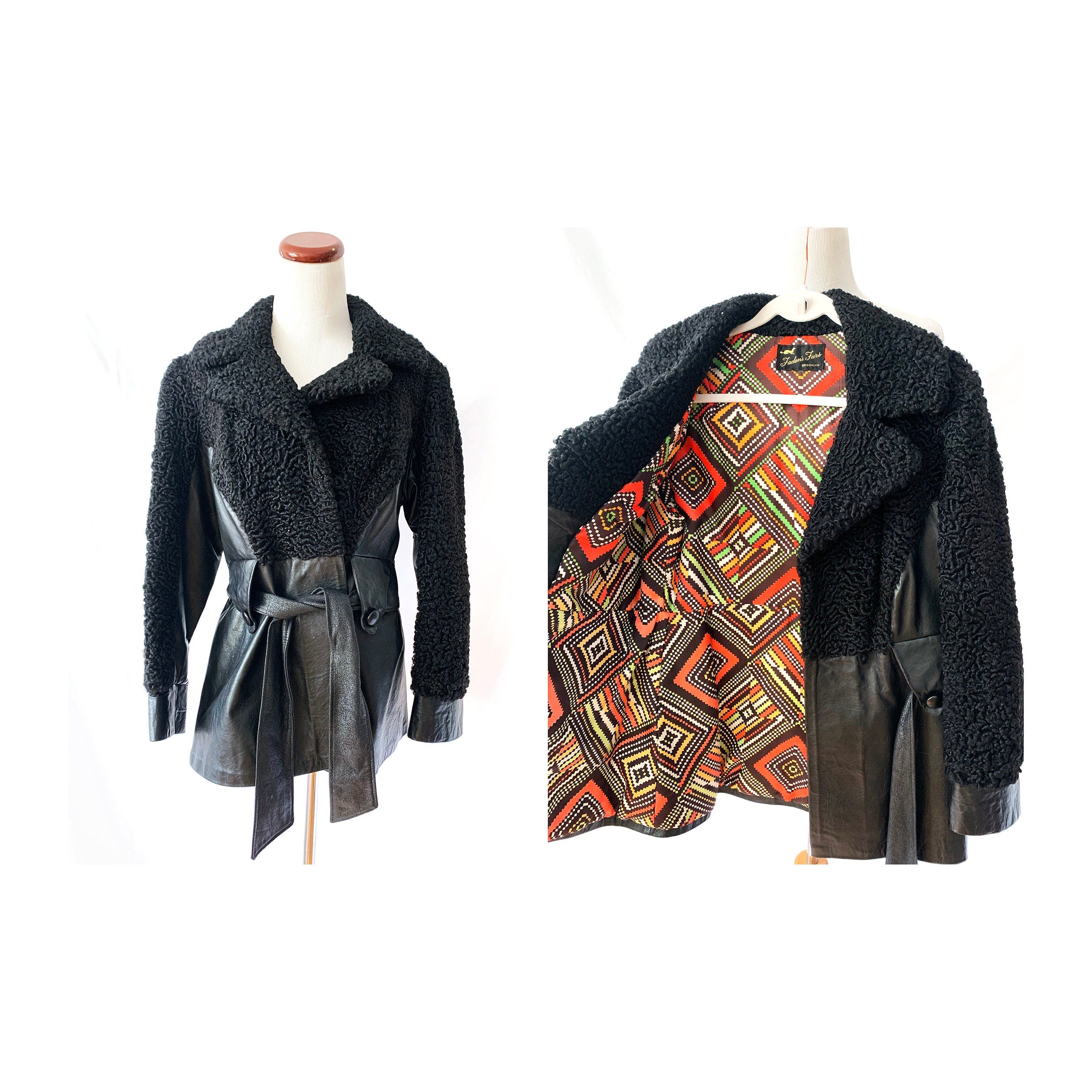 Vintage 70s Black Leather & Lamb Fur Belted Jacket - Small