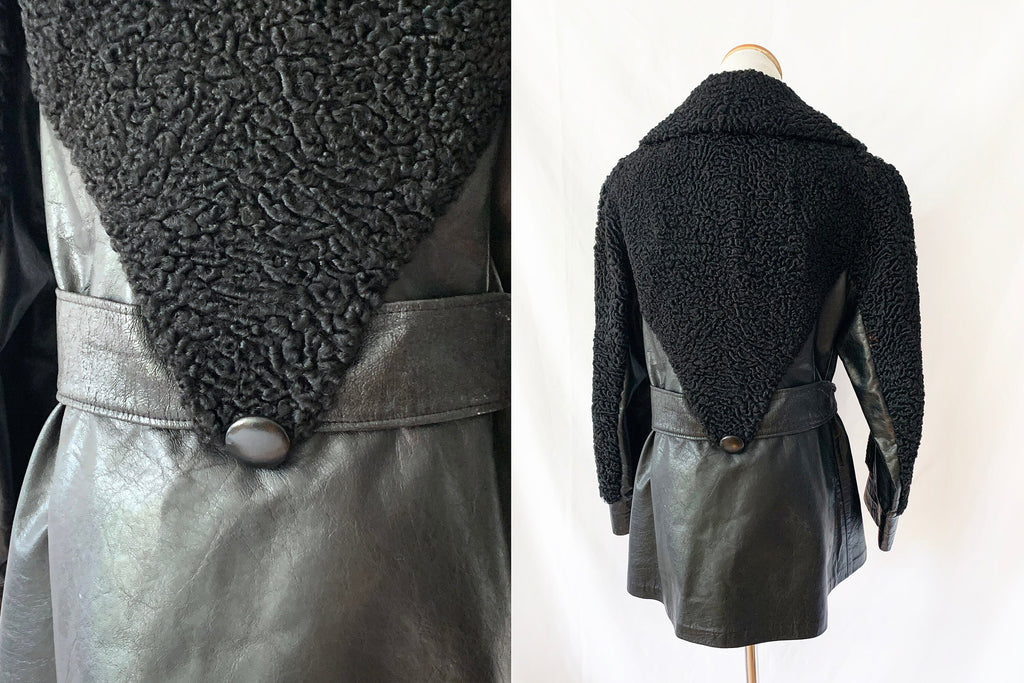 Vintage 70s Black Leather & Lamb Fur Belted Jacket - Small