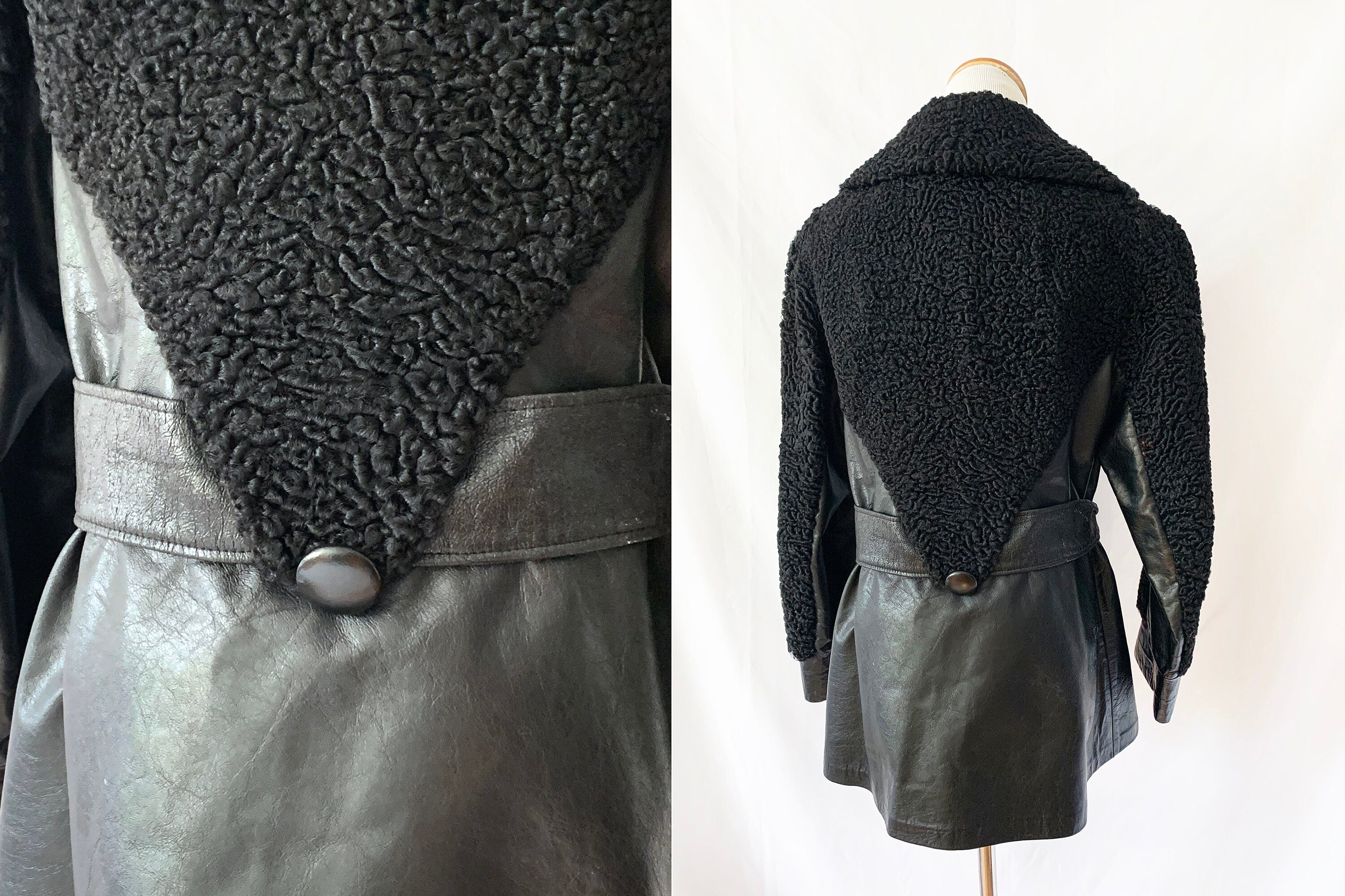 Vintage 70s Black Leather & Lamb Fur Belted Jacket - Small