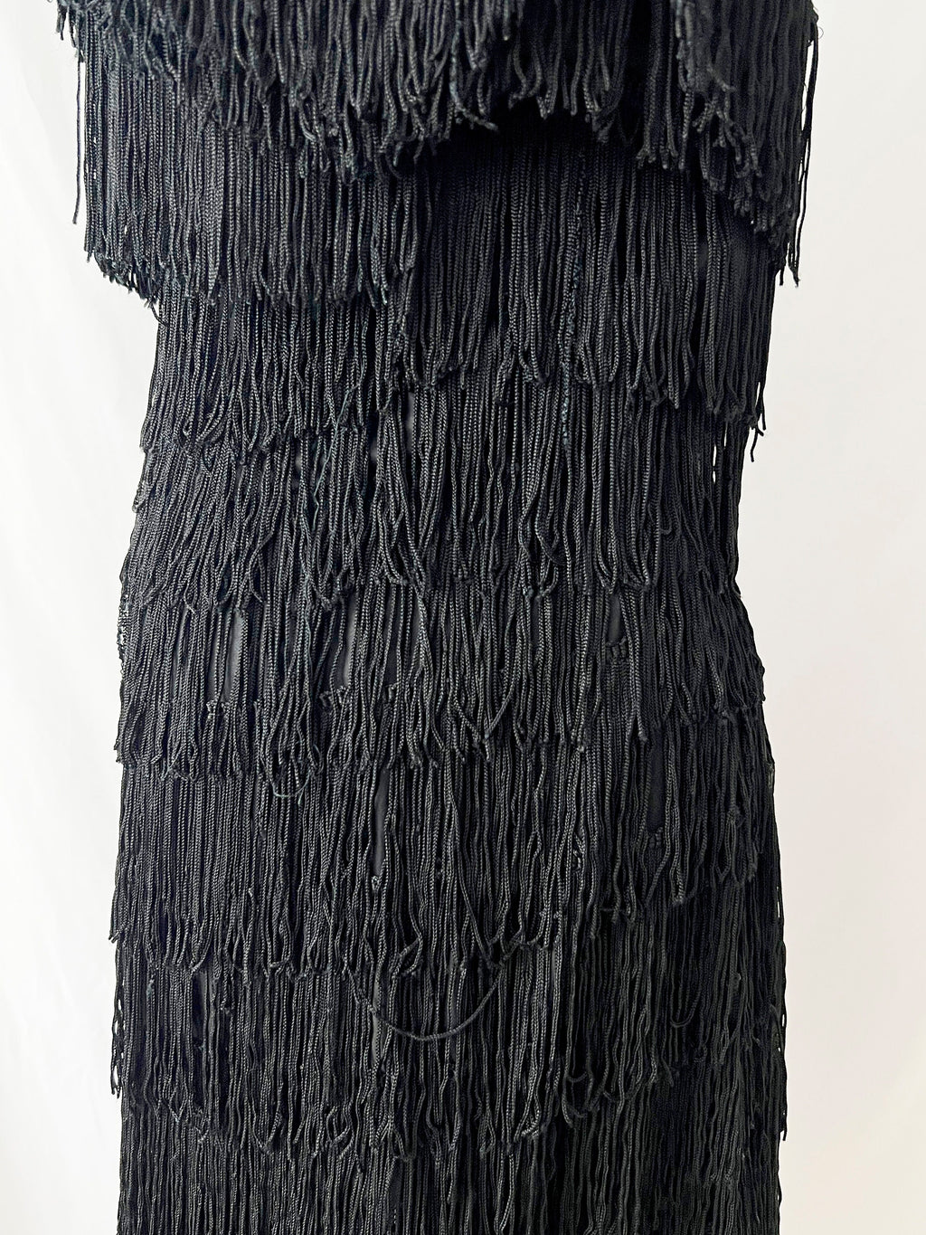Vintage Black Fringe Dress with Rhinestone Straps - XS/S - Needs Repair