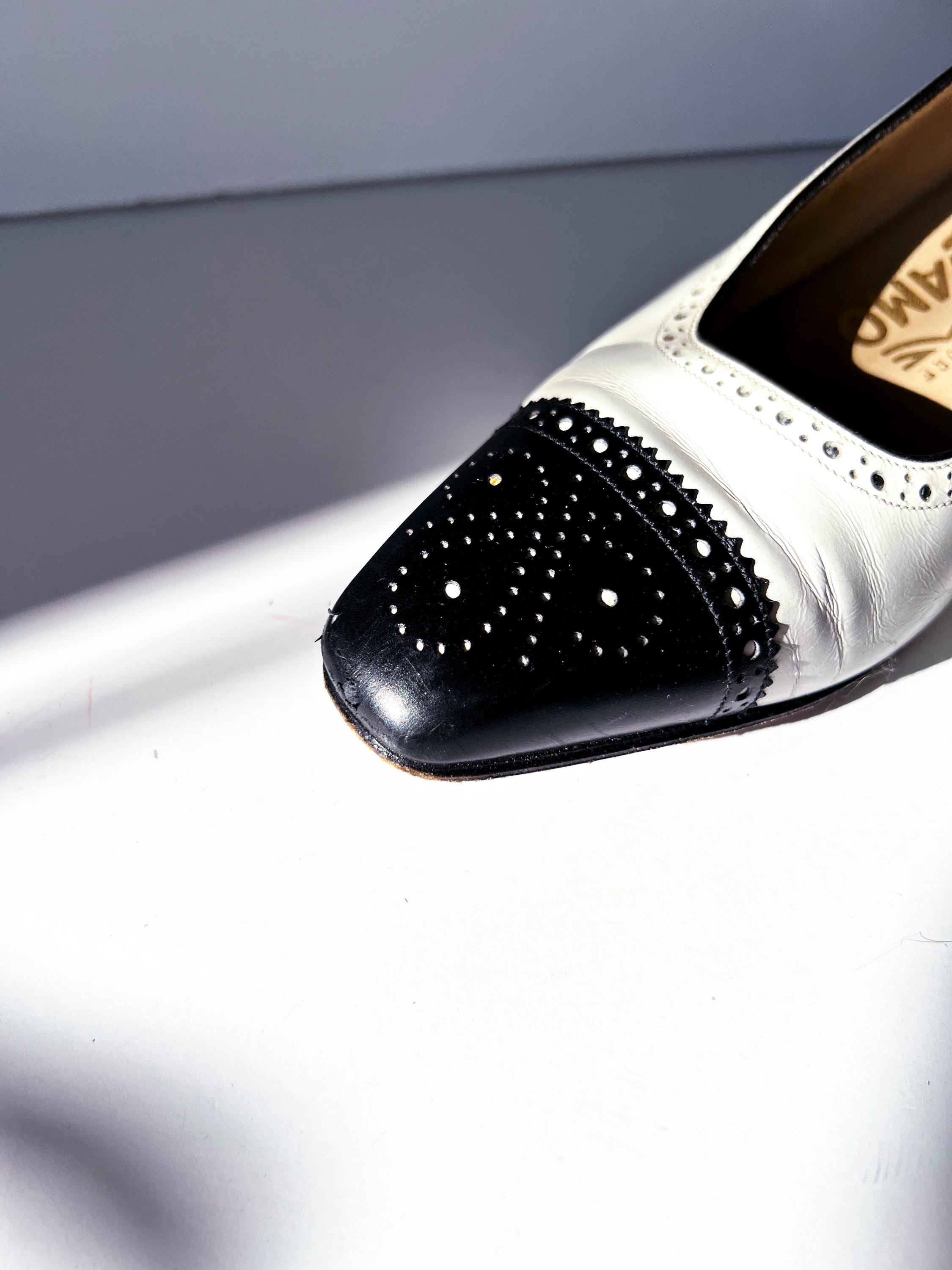 Vintage Salvatore Ferragamo Leather Kitten Heel Pumps: Black & White Oxford, Size 7 Narrow