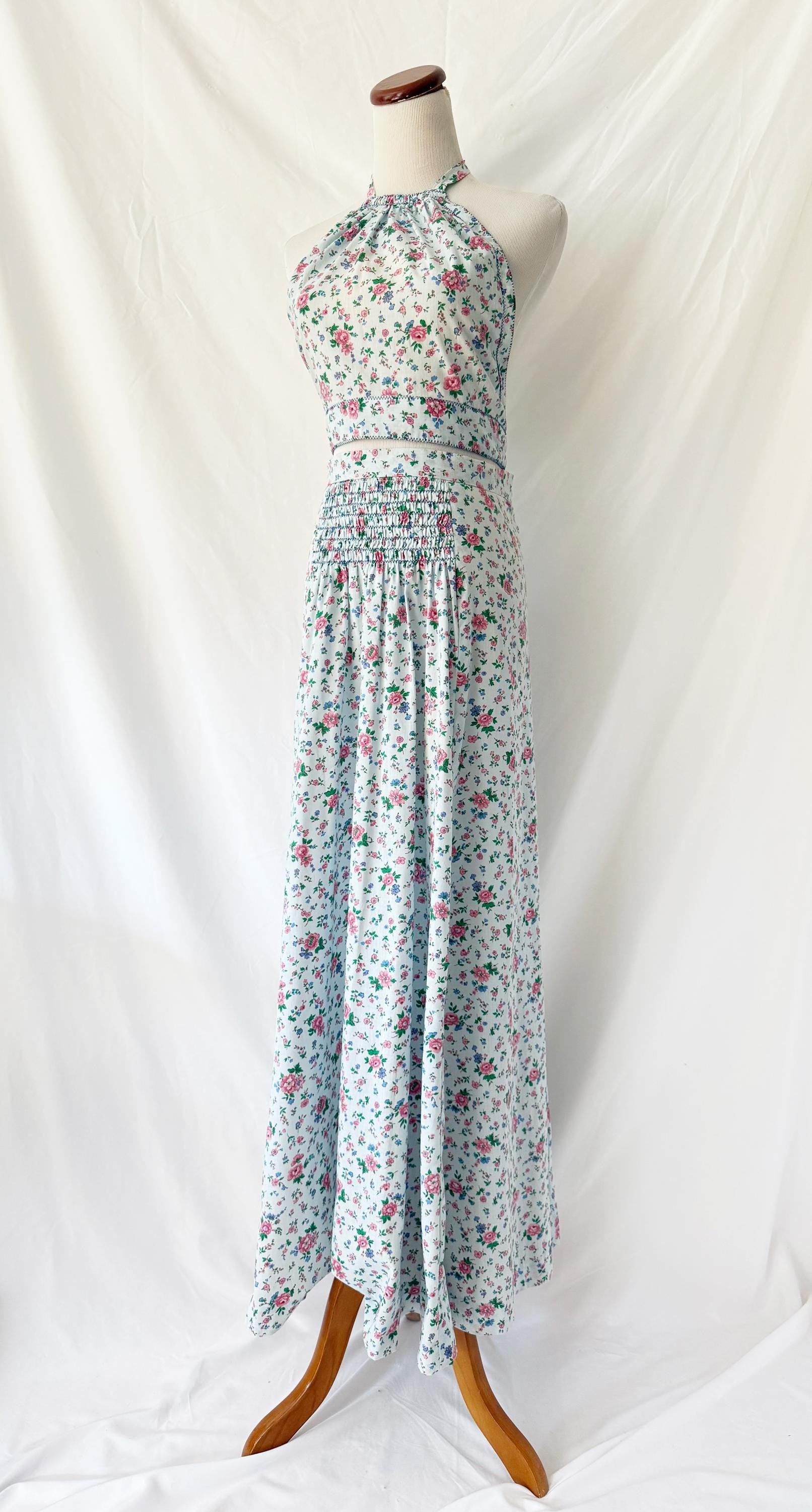 1960s Floral Halter Top Maxi Skirt Set: Vintage Corky Craig Festival Outfit