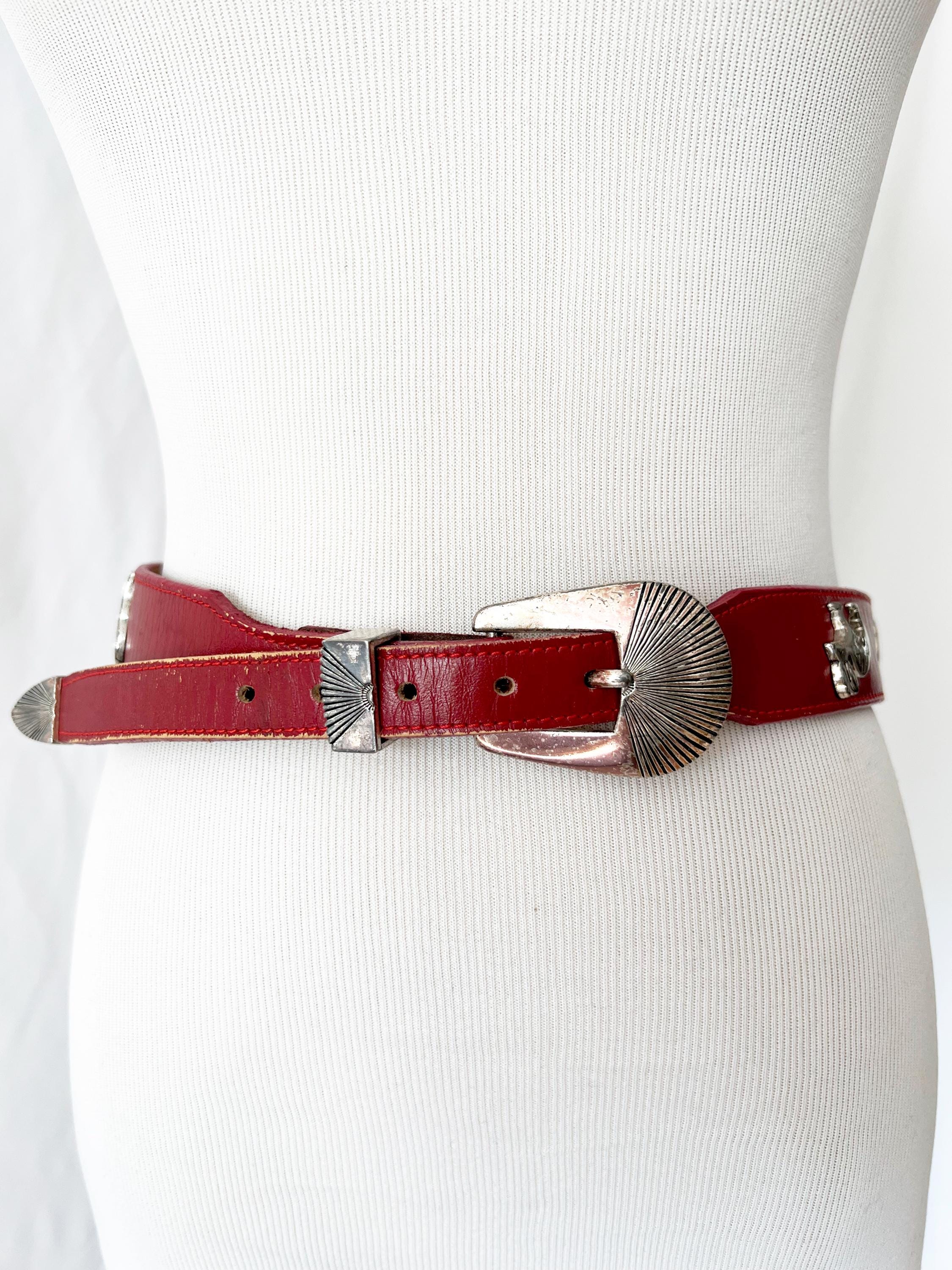 red leather belt with silvertone animals figures  xs