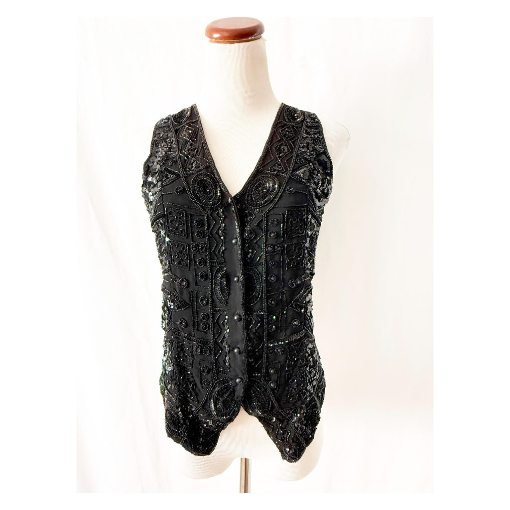 black sequined waistcoat black sequin  vest top charlotte halton small