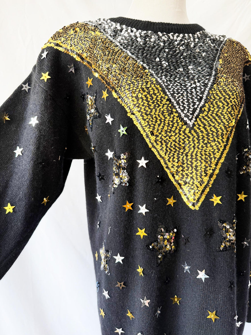 Vintage Angora Wool Sequin Sweater Dress: Gold Celestial Stars, sz M