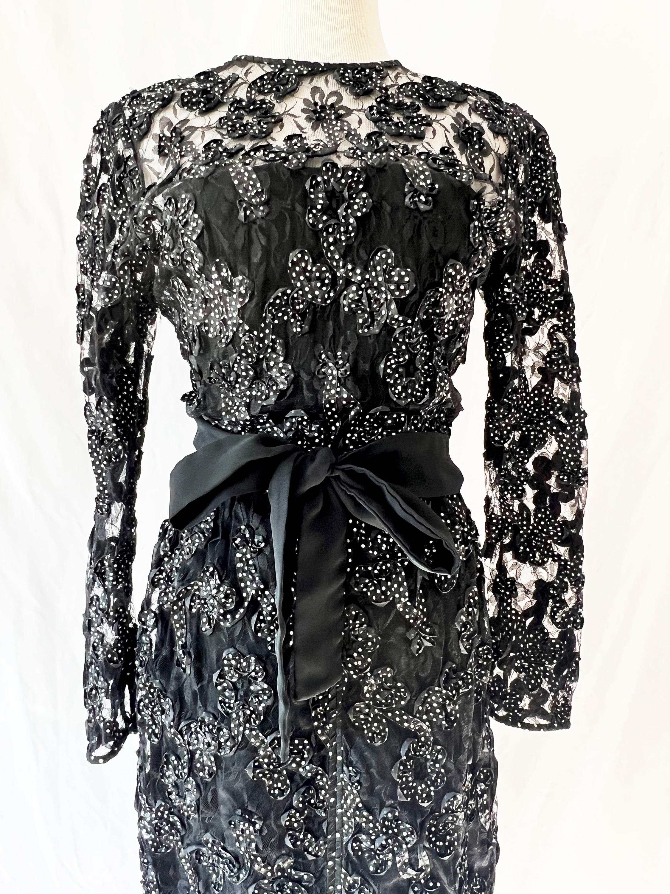 1980s Couture Gown: Vintage Black Lace Ribbon Party Dress