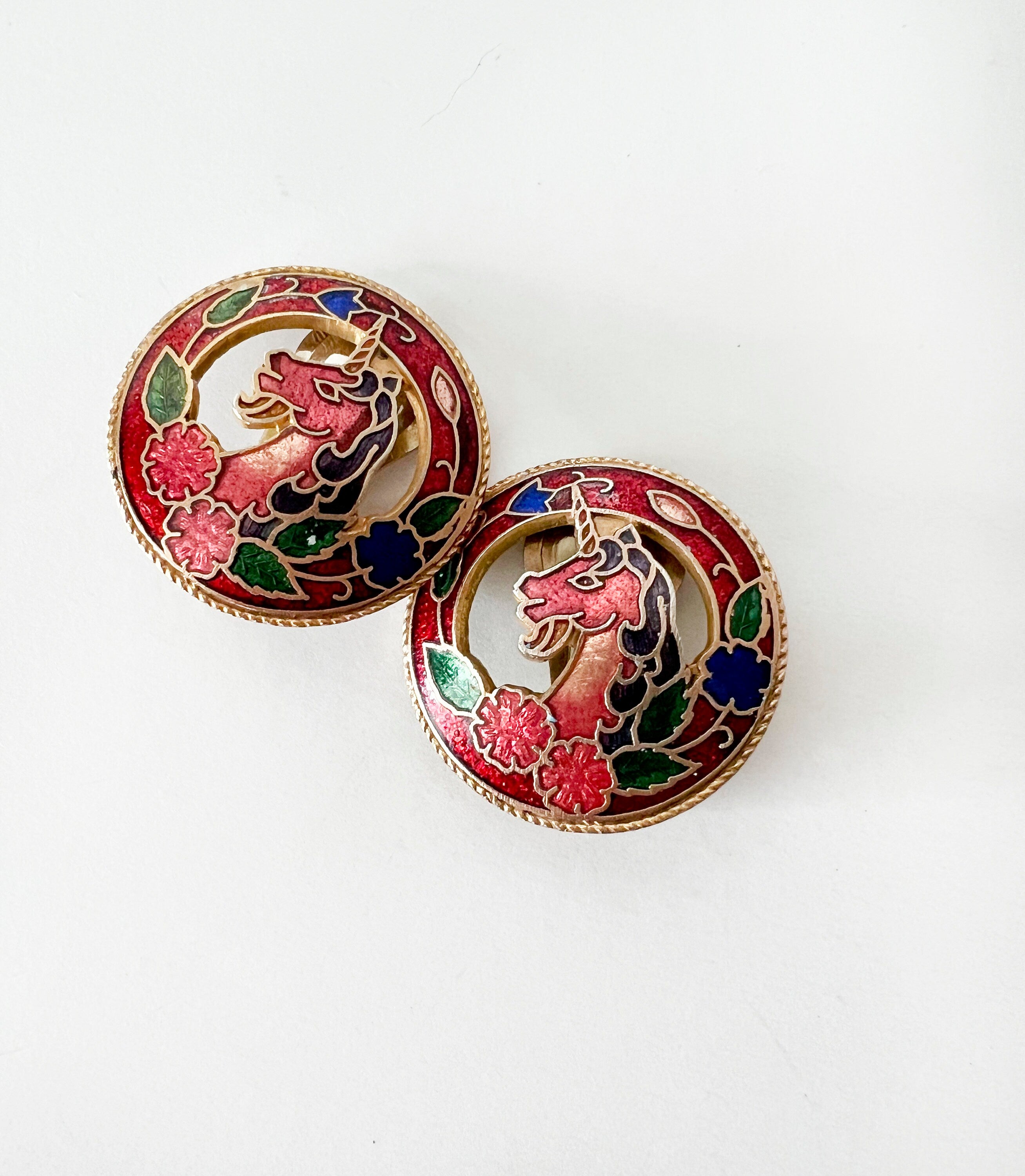 vintage cloisonne earrings unicorns round shape /  mid-century / clip-on