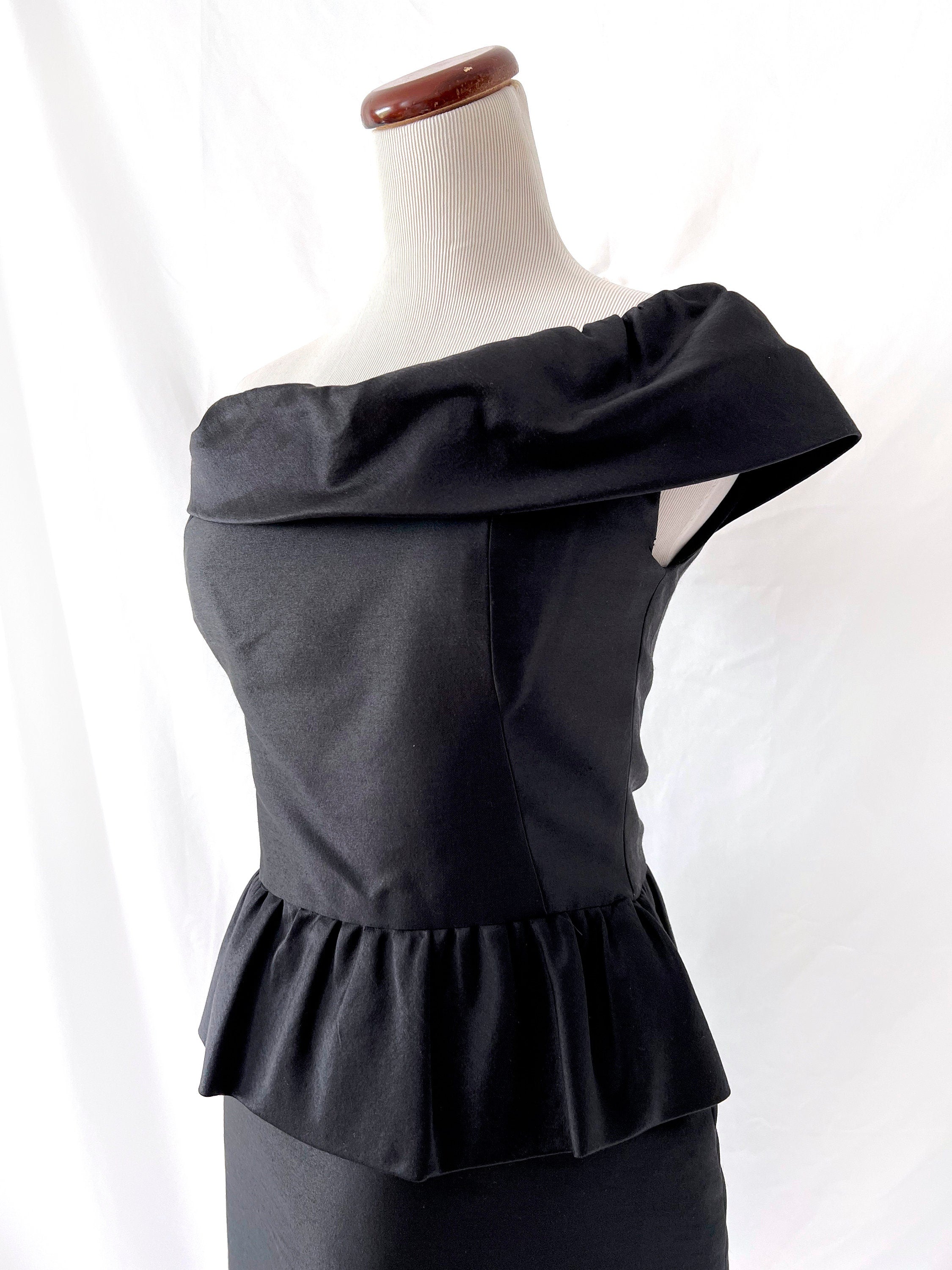 Vintage Black Silk Peplum Cocktail Dress - One Shoulder, Size Small