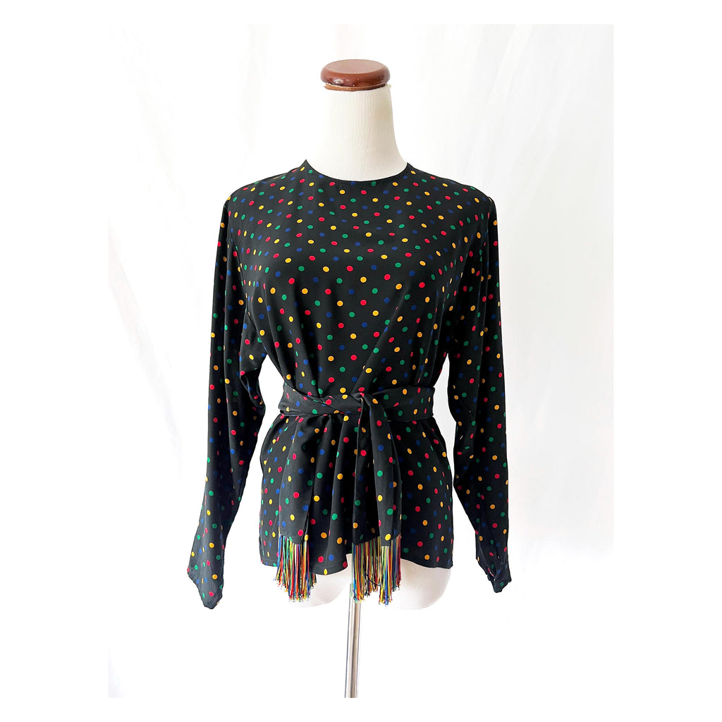 Vintage Jaeger Silk Blouse: 1980s Polka Dot with Fringe Sash, Small