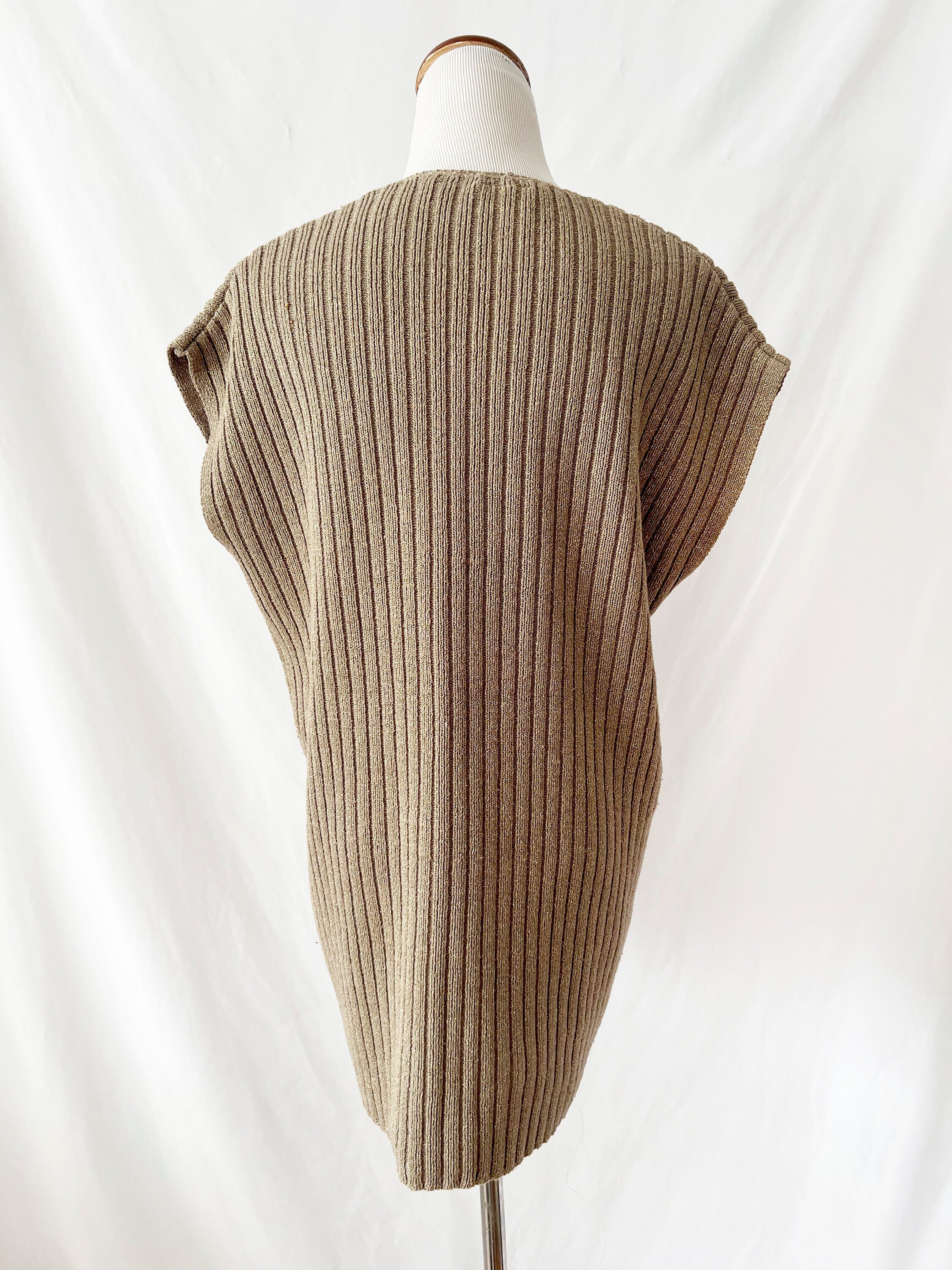 vintage 1980s gold metallic sweater / long sleeveless sweater / andrea jovine / medium