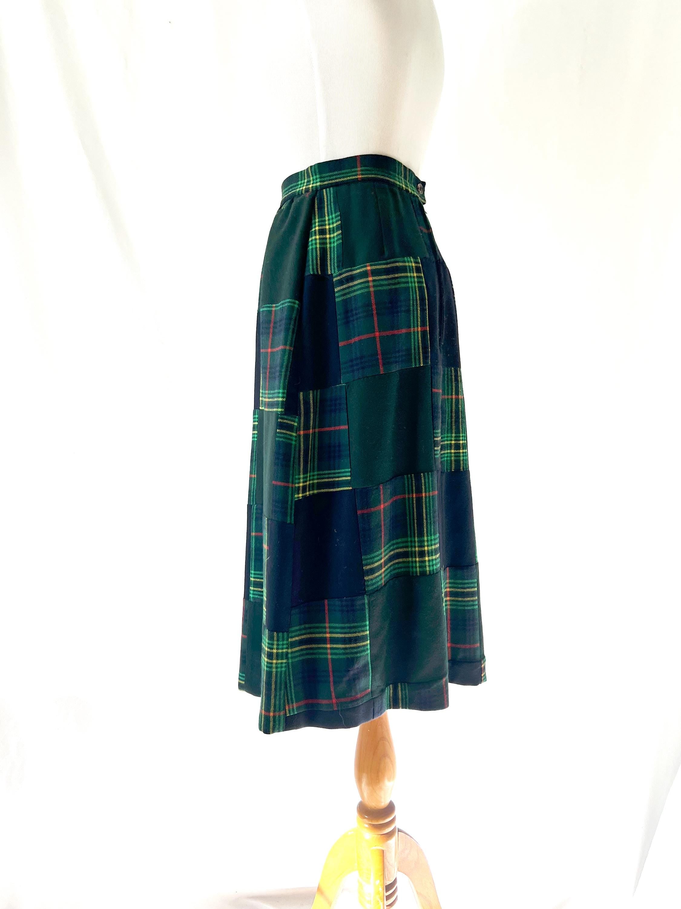 Vintage 1960s Tartan Plaid Wool Skirt: Patchwork Design, Size Small