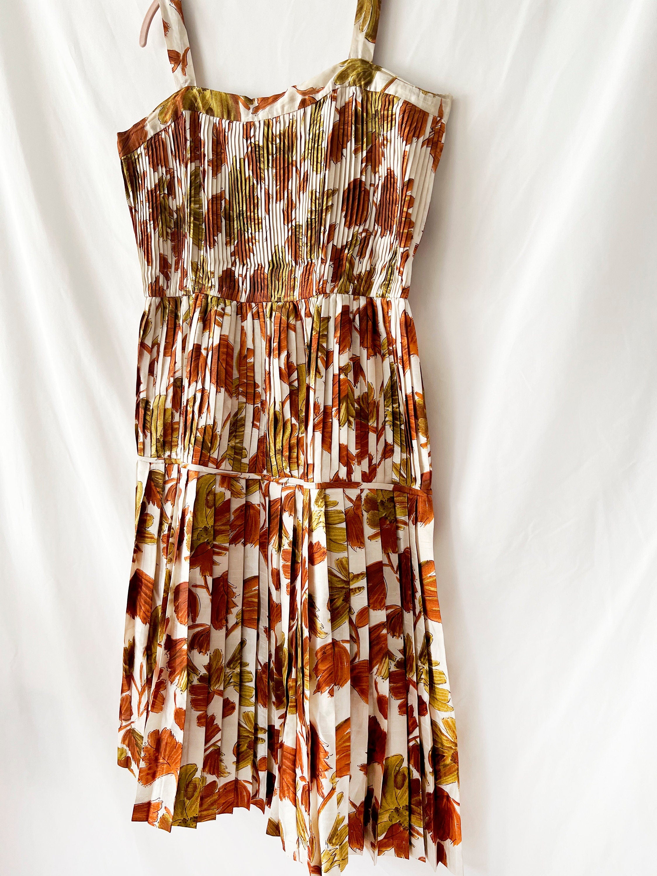 vintage floral dress pleated silk dress medium