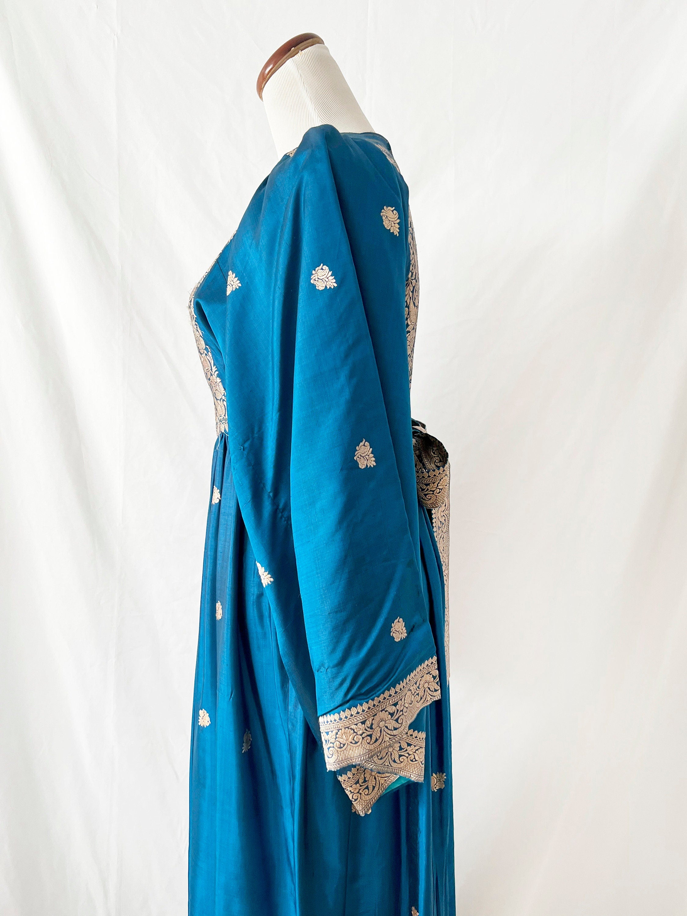 Vintage 70s Silk Gown: Turquoise Blue Embroidered Bell Sleeve Dress