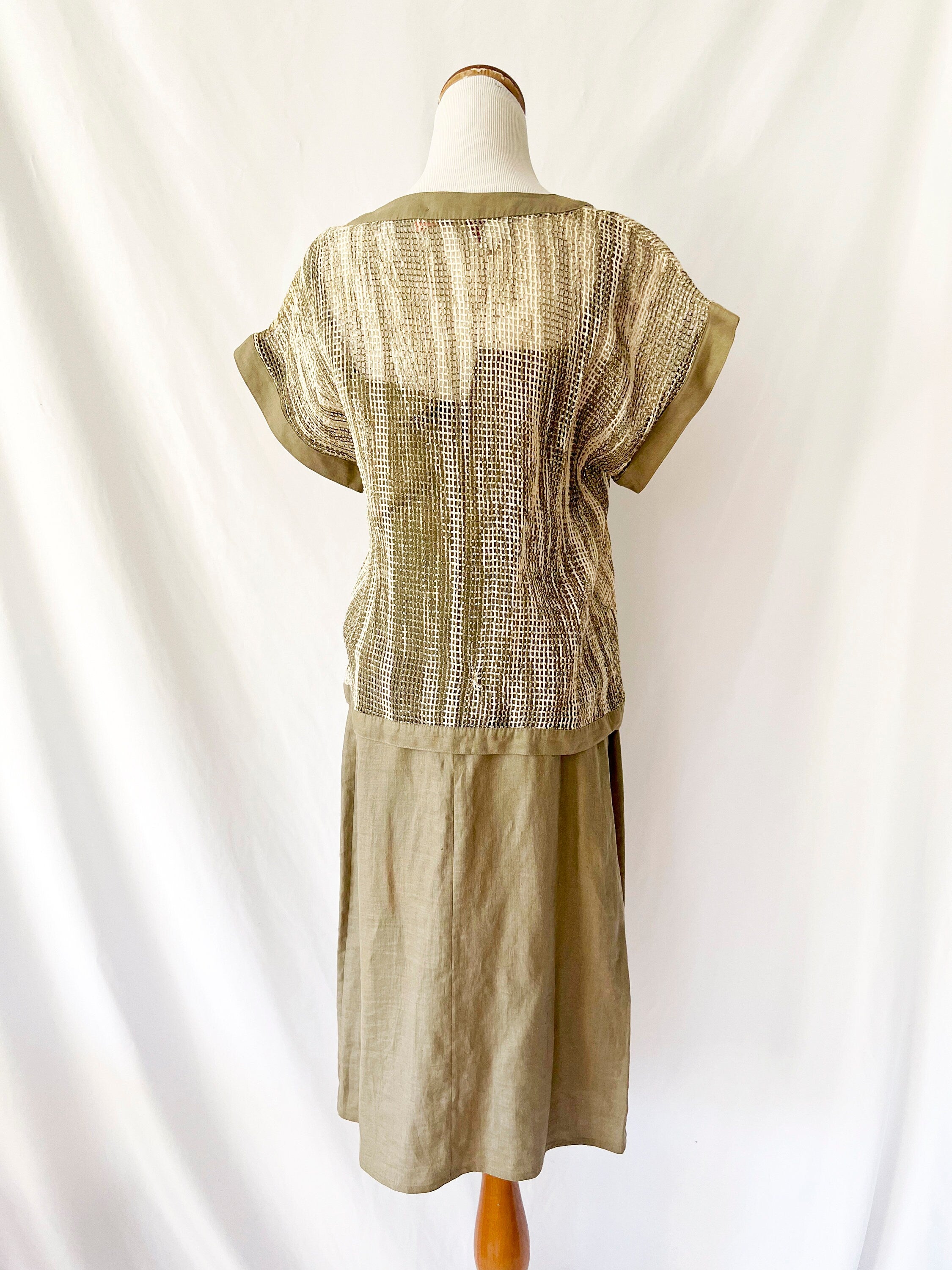 Maggy London by Jeannene Booher / Vintage 1980s fish net top and linen dress small