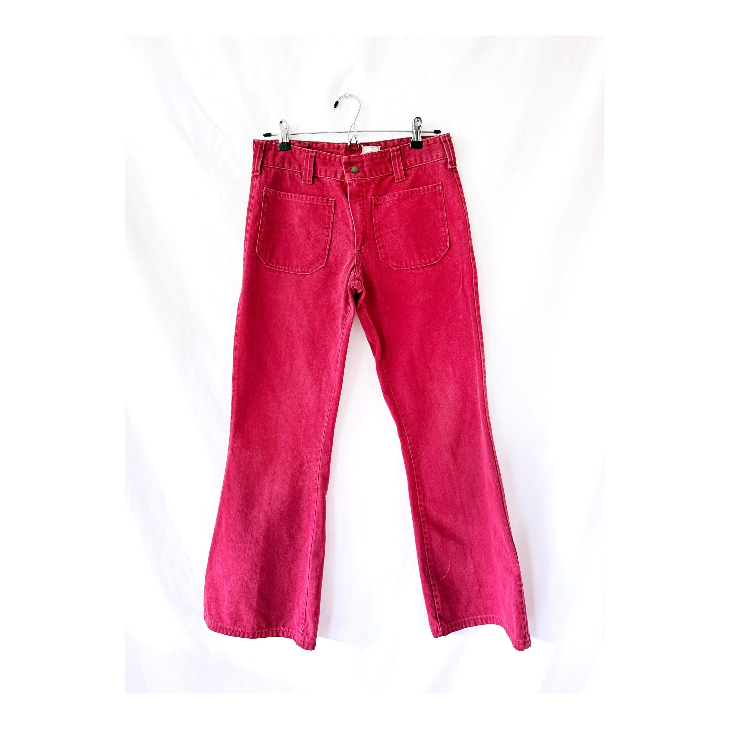 1970s Dark Red Bell Bottom Jeans, Mid Rise Saks Fifth Ave 30"