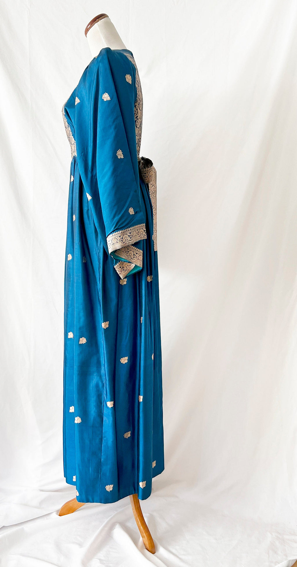Vintage 70s Silk Gown: Turquoise Blue Embroidered Bell Sleeve Dress