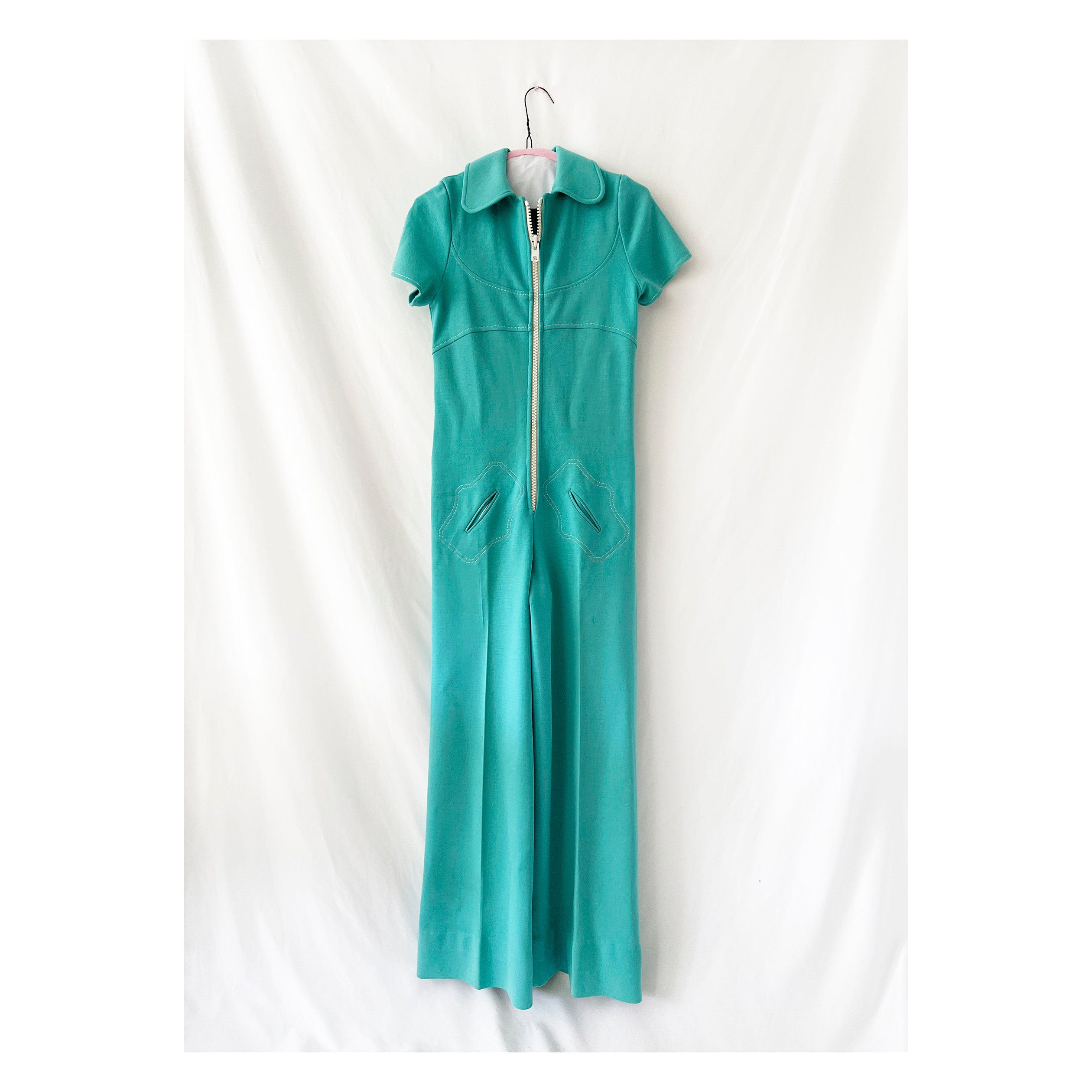 vintage 70s French jumpsuit turquoise zippered wool one piece  small