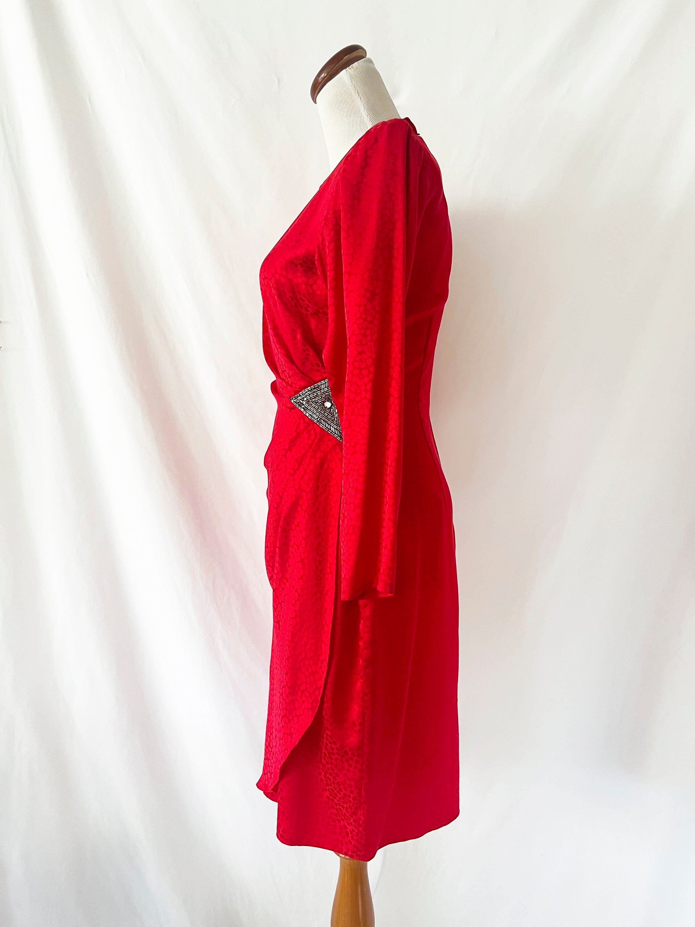 1980s vintage red silk dress with sequin waist argenti small