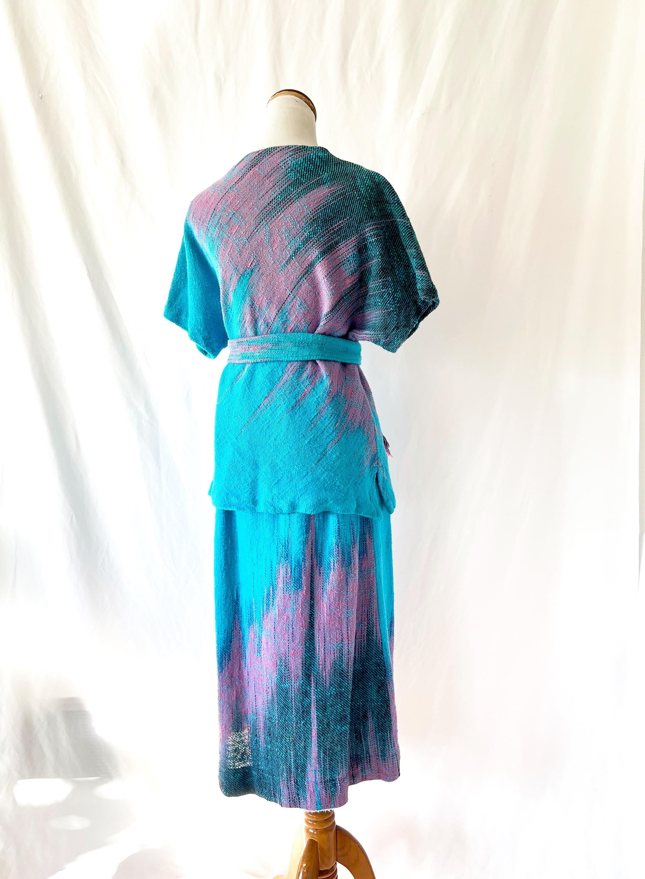 vintage 1980s handwoven skirt set / turquoise and pink / dreamweaver / medium
