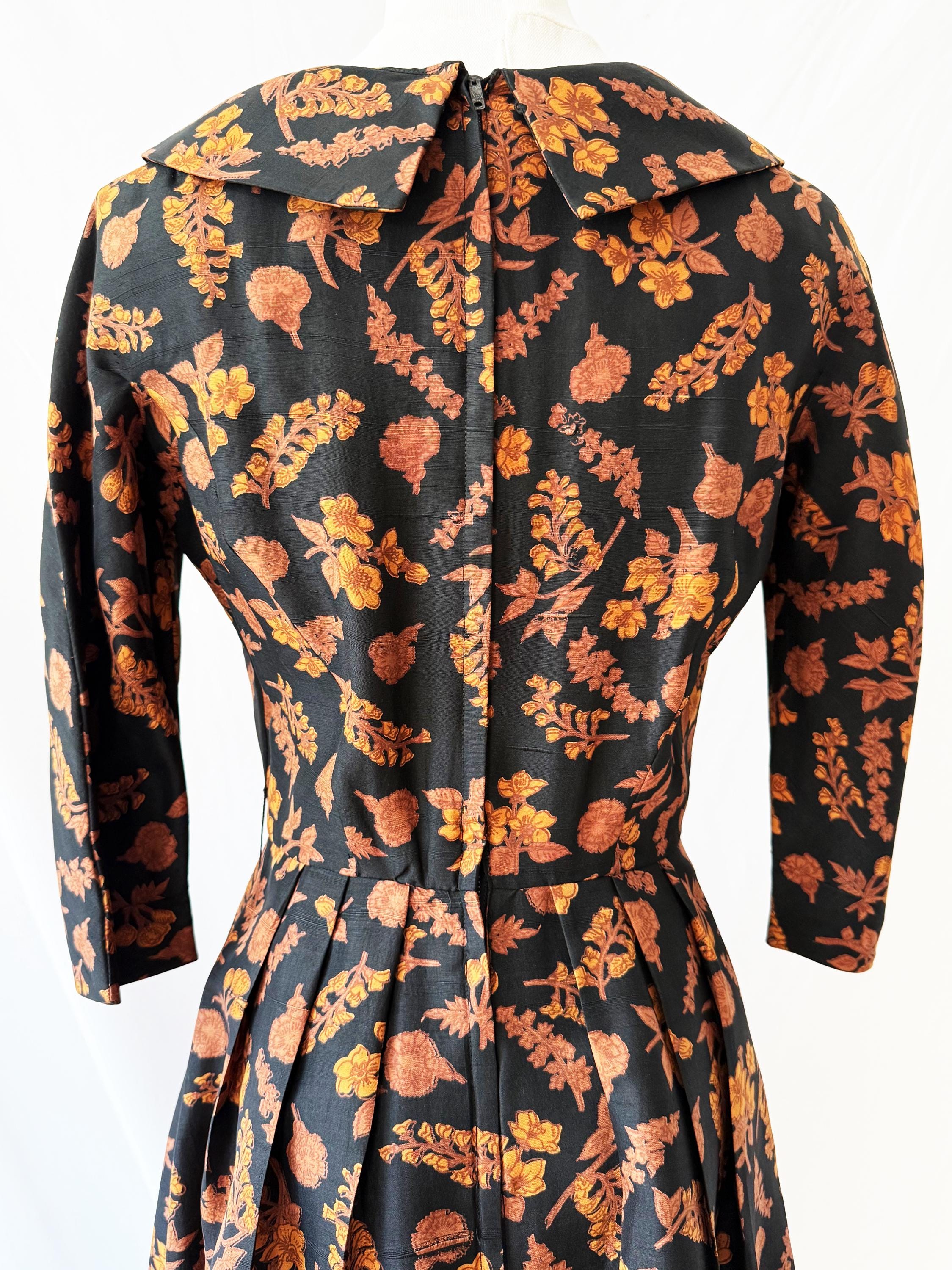 Vintage 1950s Autumn Leaves Silk Midi Dress Small