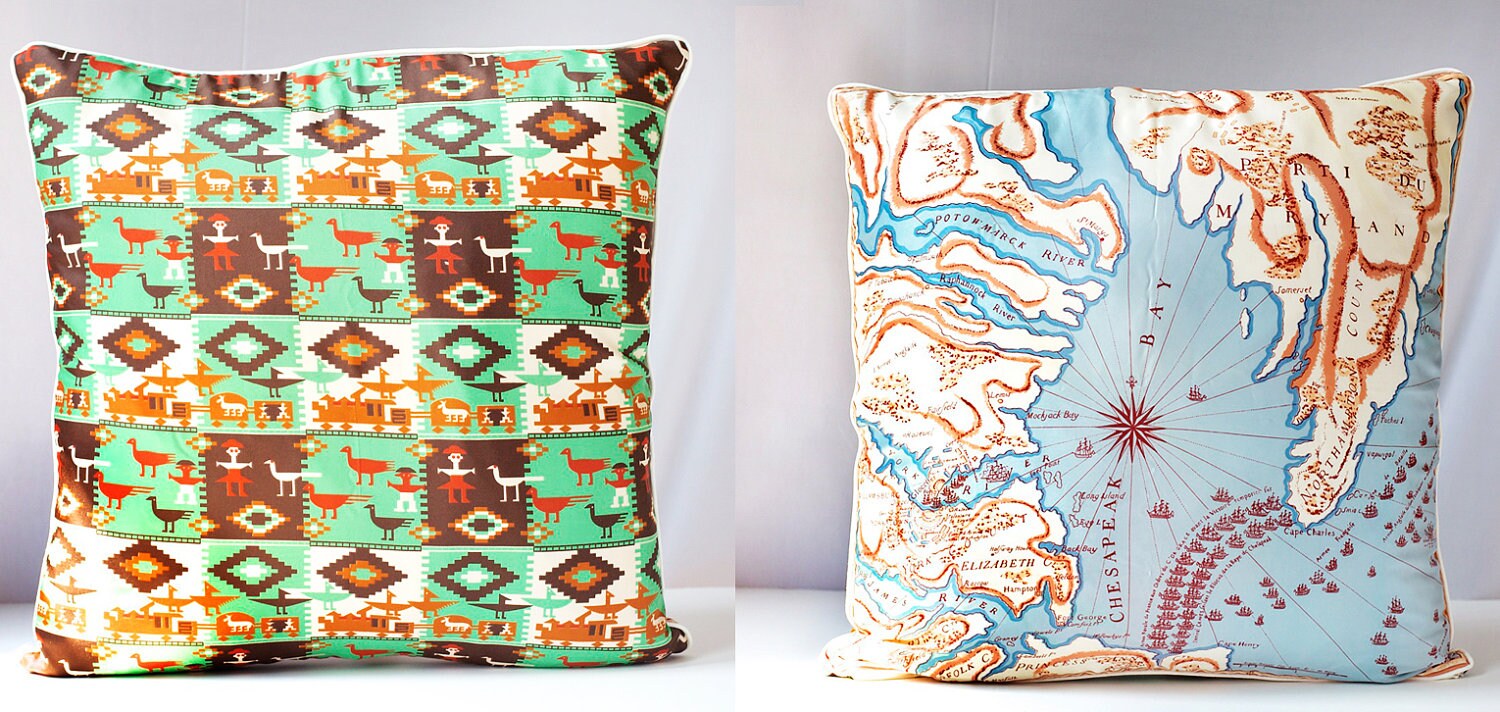 Vintage Scarf Pillow Cover: Maryland Map & Native American Design