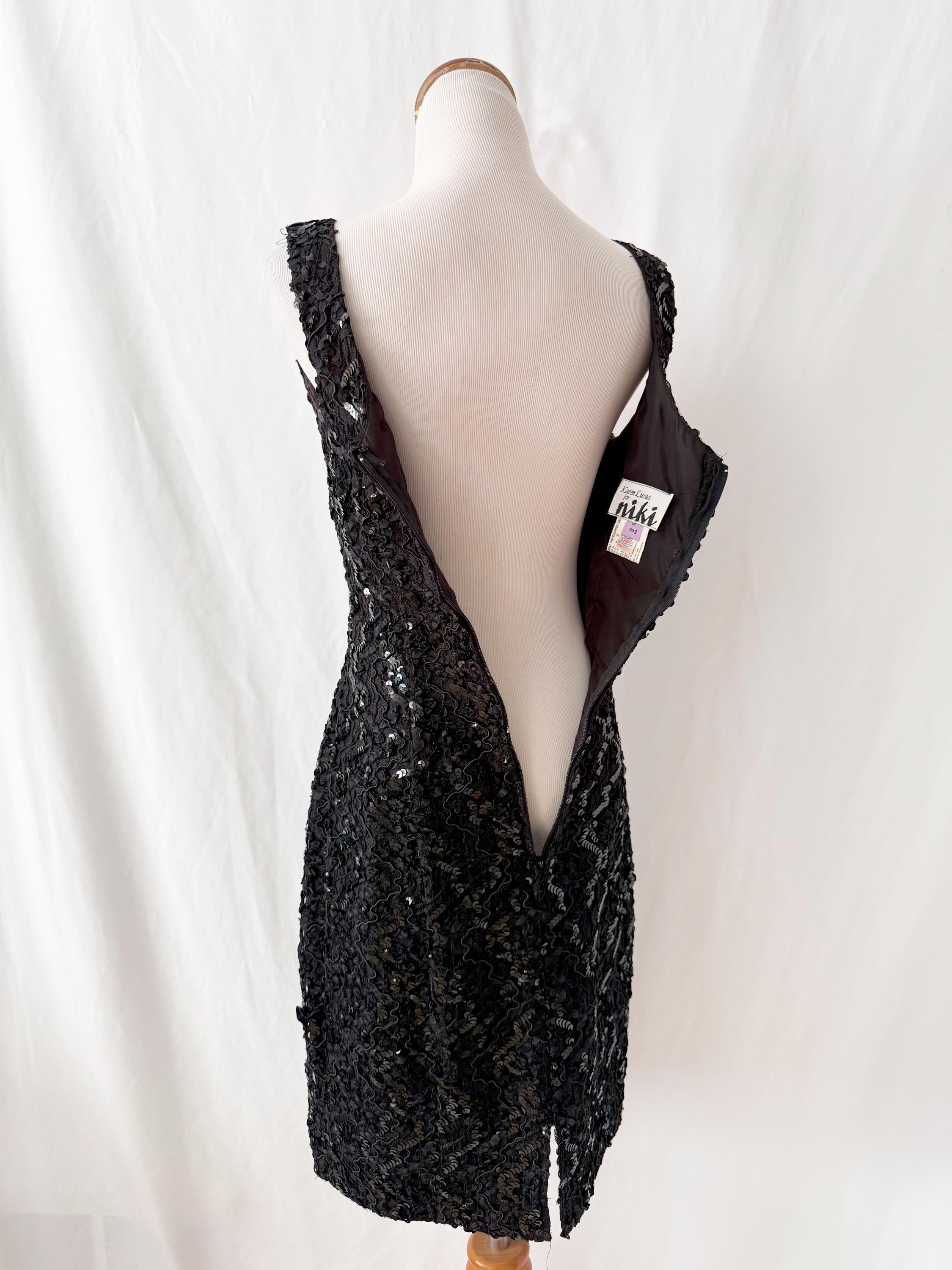 80s Vintage Sequin Cocktail Dress: Black Lace Sweetheart Goth Dress, Sz 8