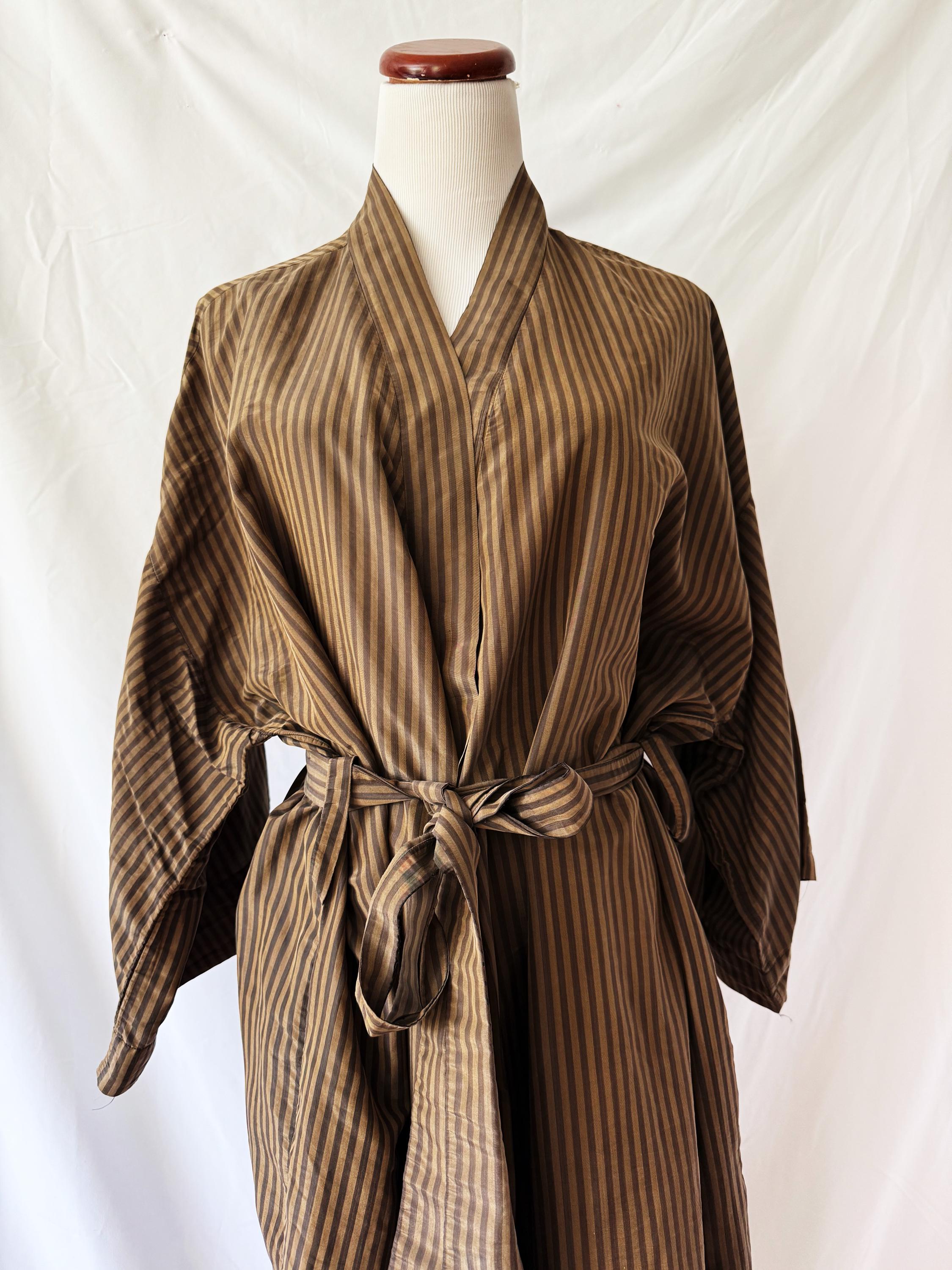 Brown and Gold Striped Silk Robe Medium