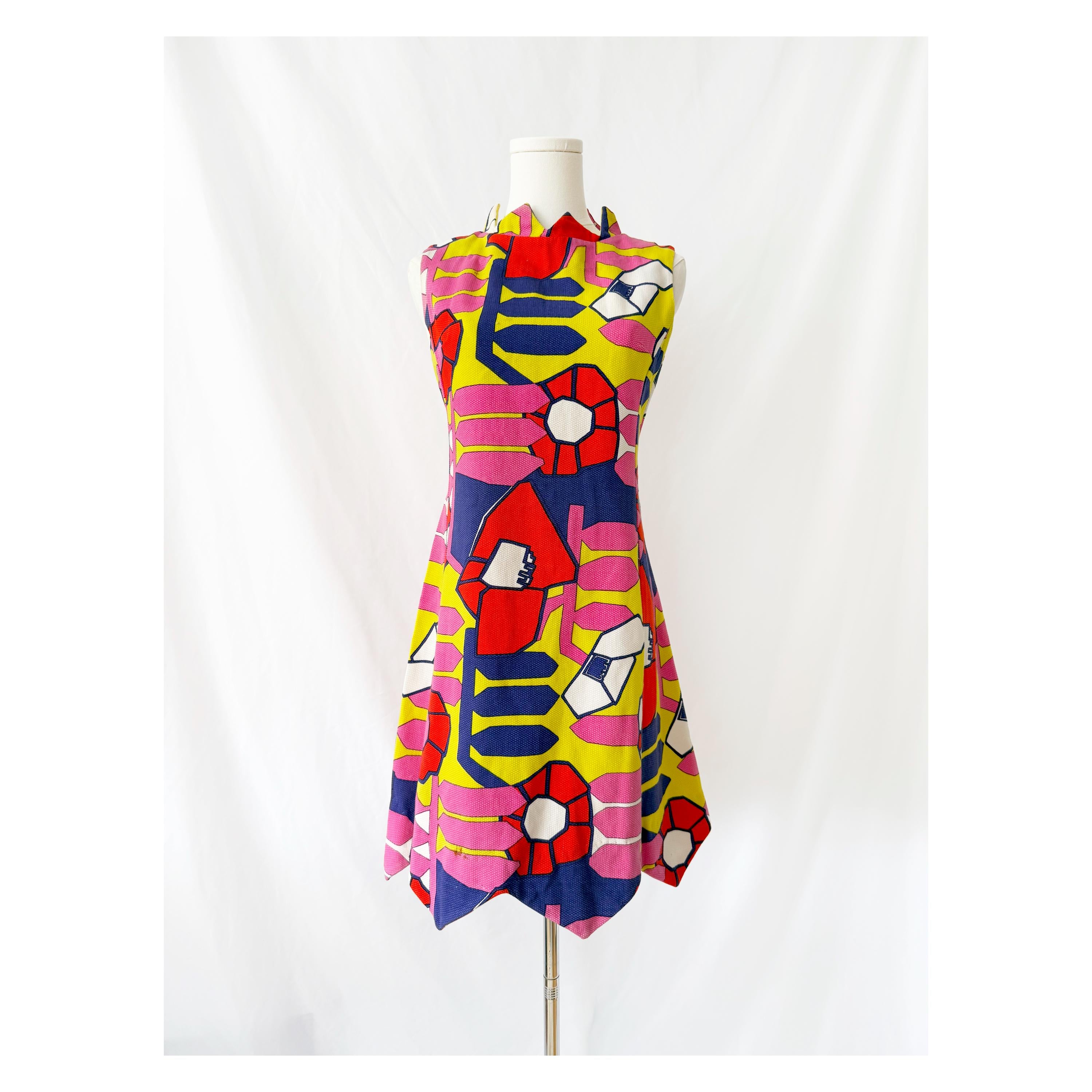 Vntg 60s Colorful Flower Petal Shift Dress Mod Retro Dress Small