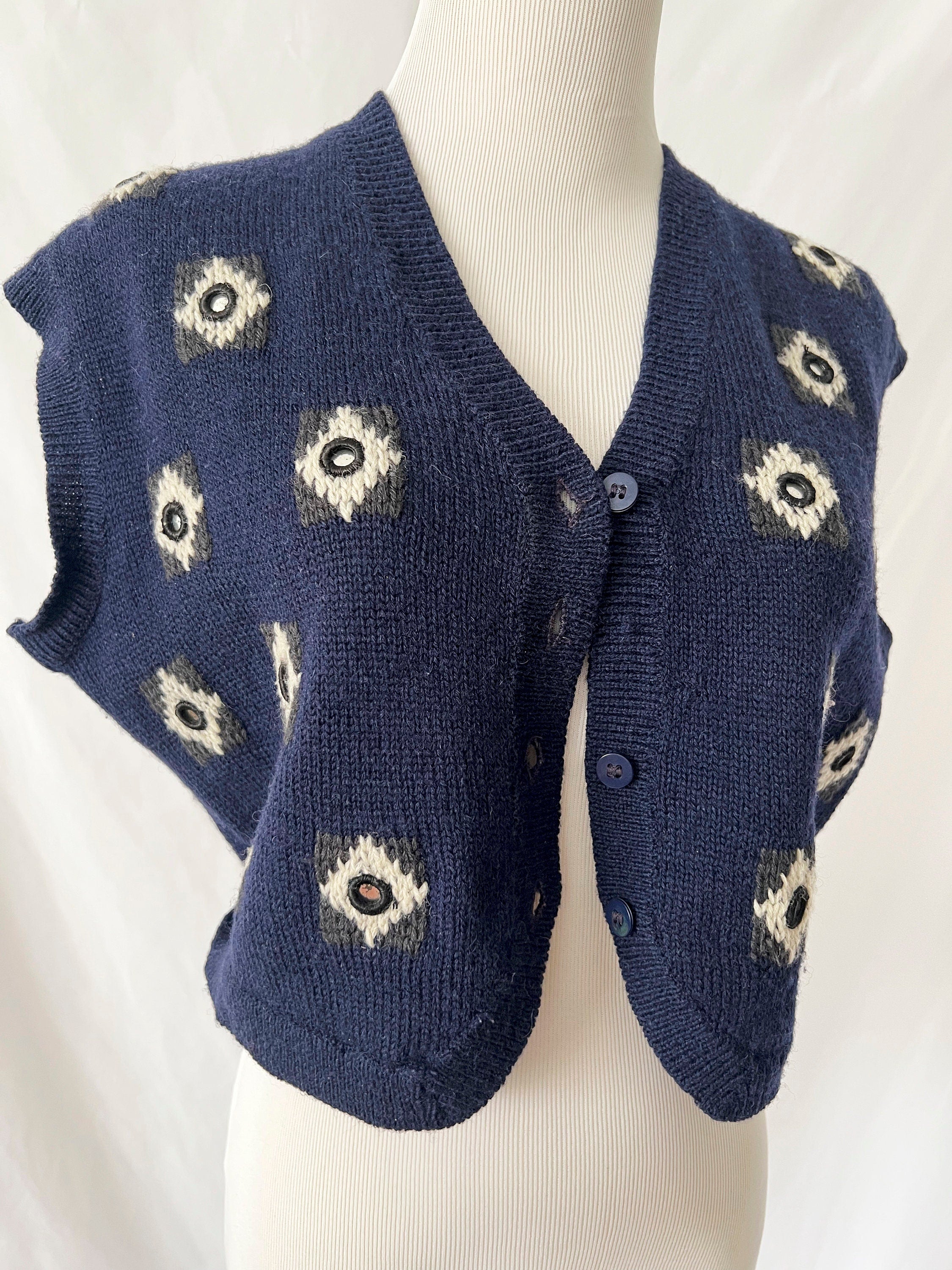 vintage french connection sweater vest mirrored cardigan wool vest  made in india medium large