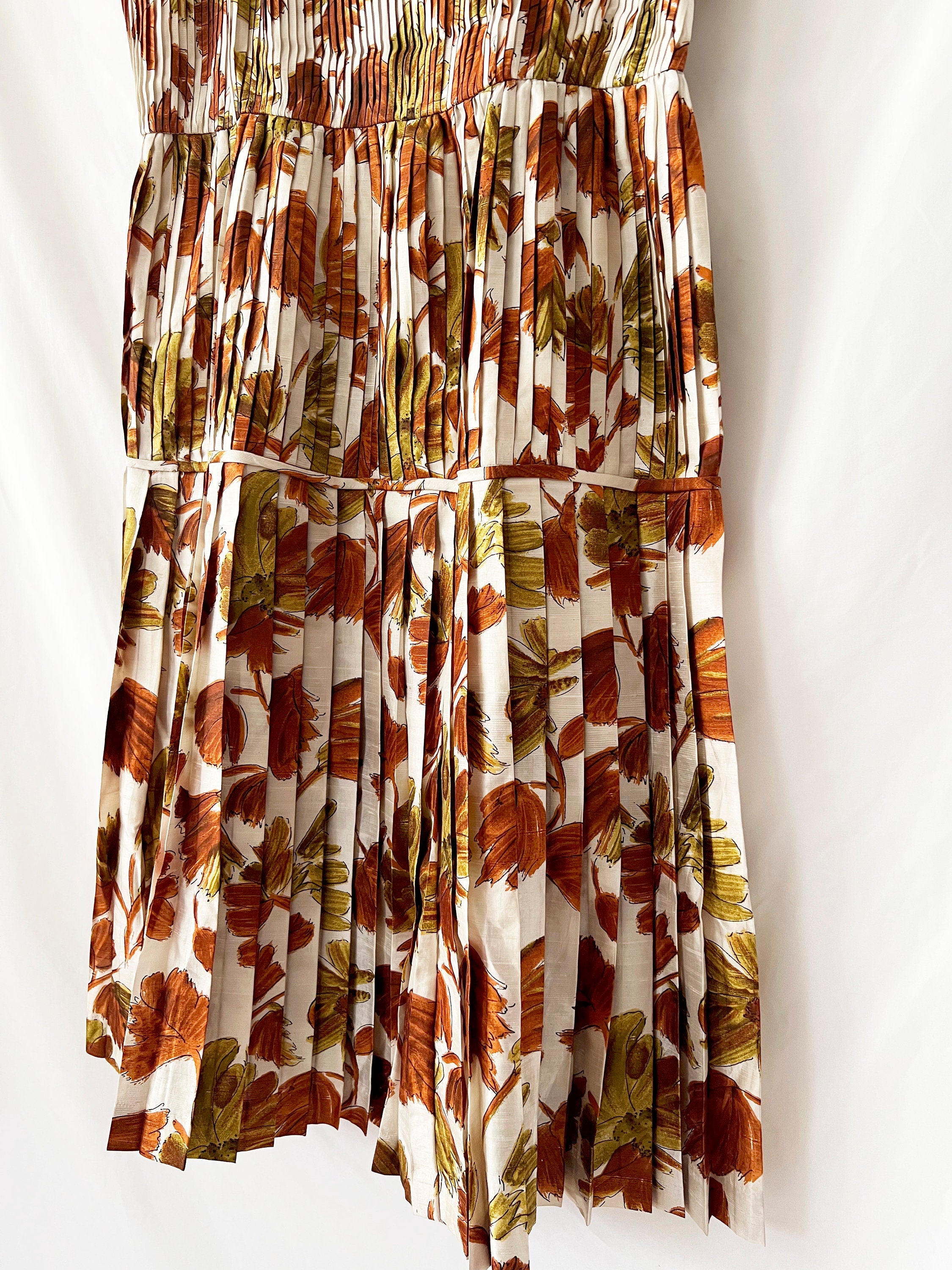 vintage floral dress pleated silk dress medium