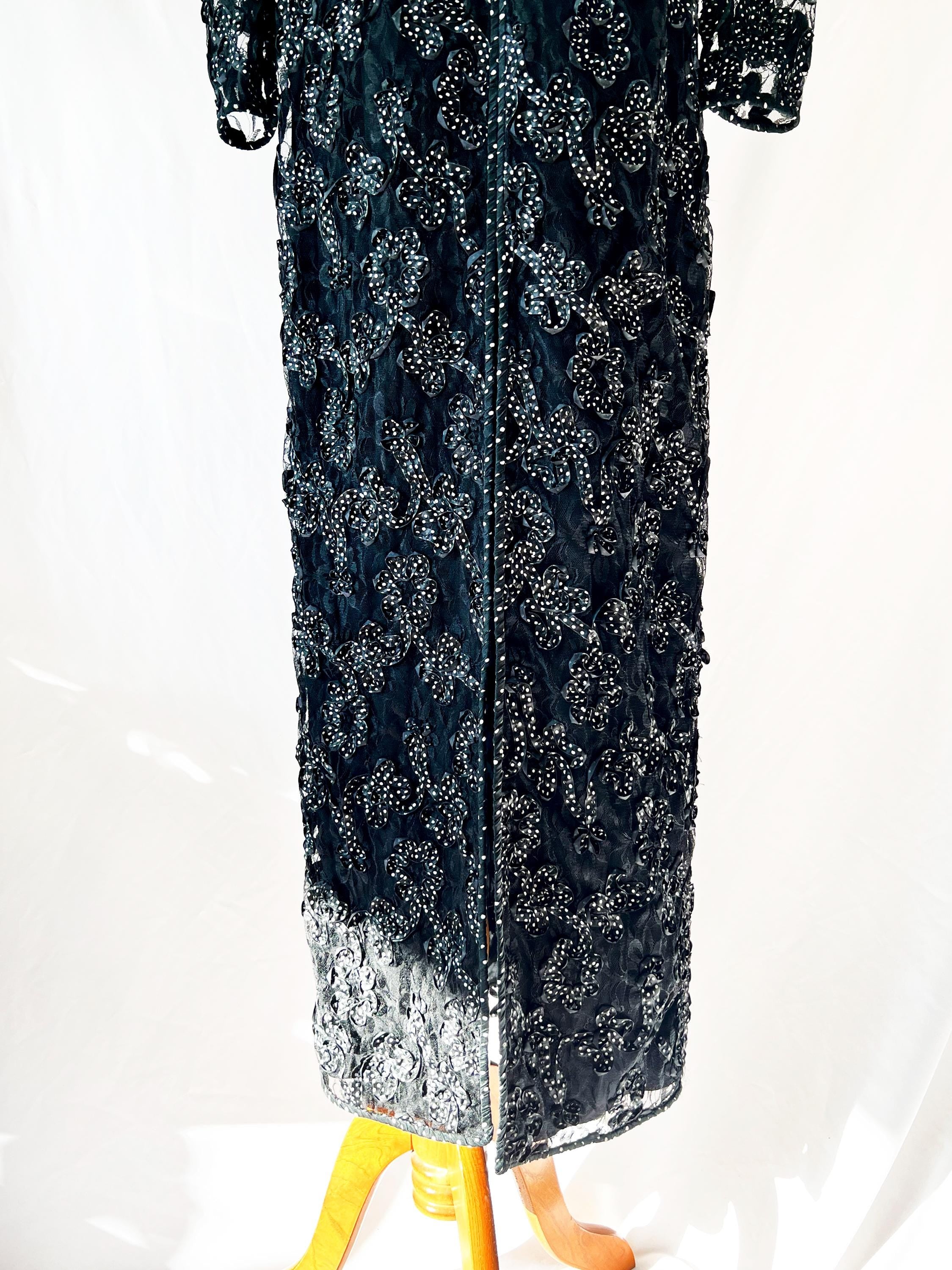 1980s Couture Gown: Vintage Black Lace Ribbon Party Dress