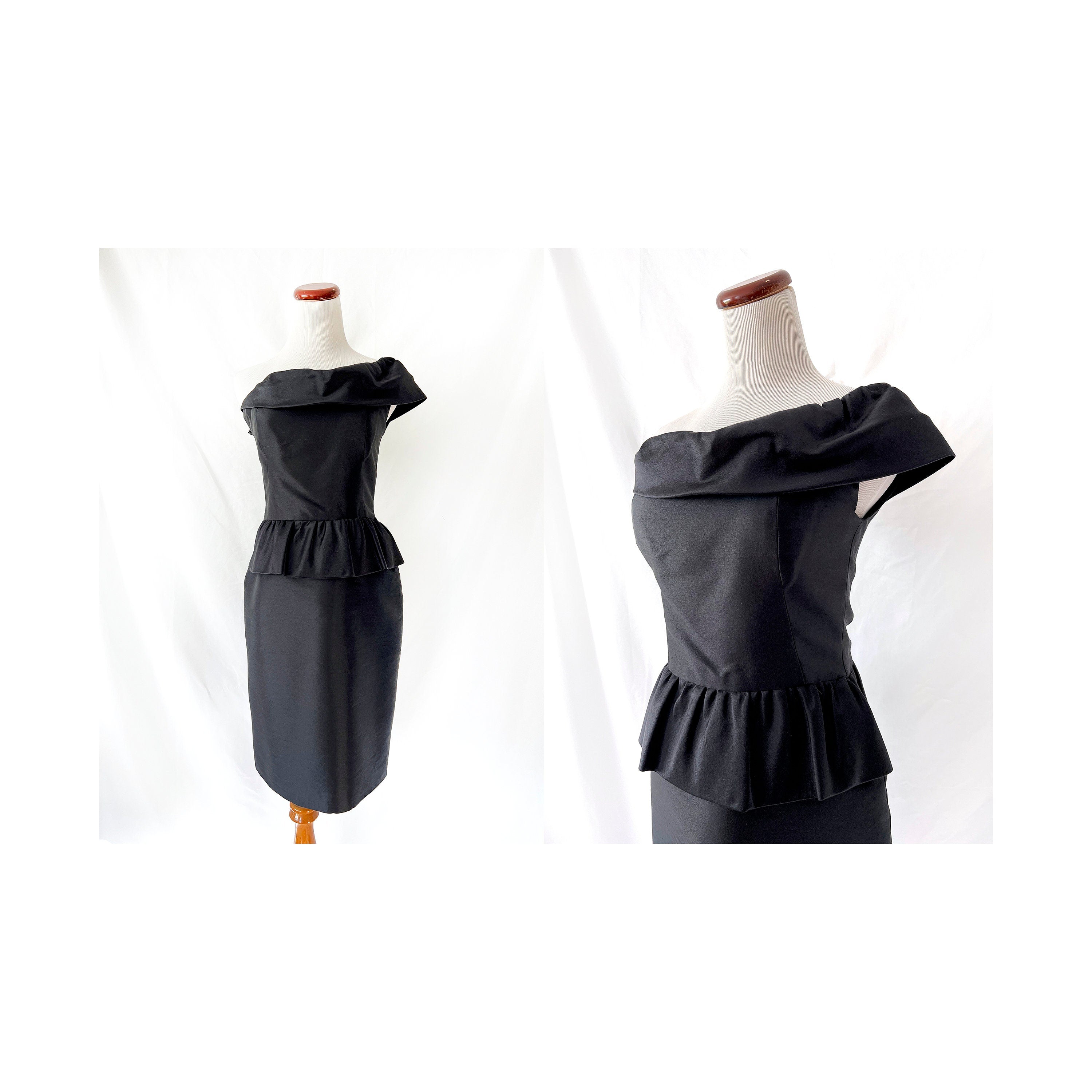 Vintage Black Silk Peplum Cocktail Dress - One Shoulder, Size Small