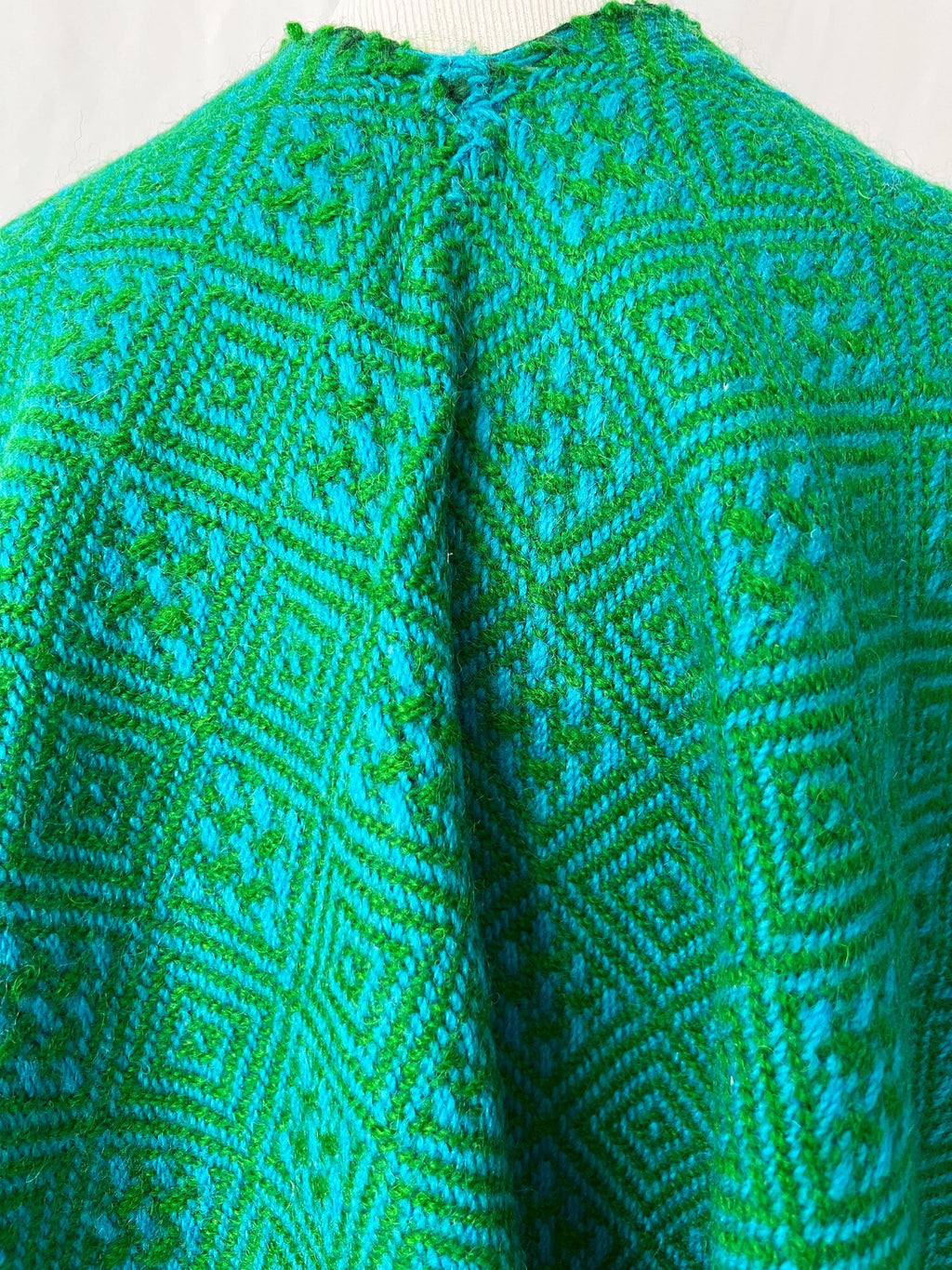 vintage poncho shawl south american woven blue and green abstract pattern