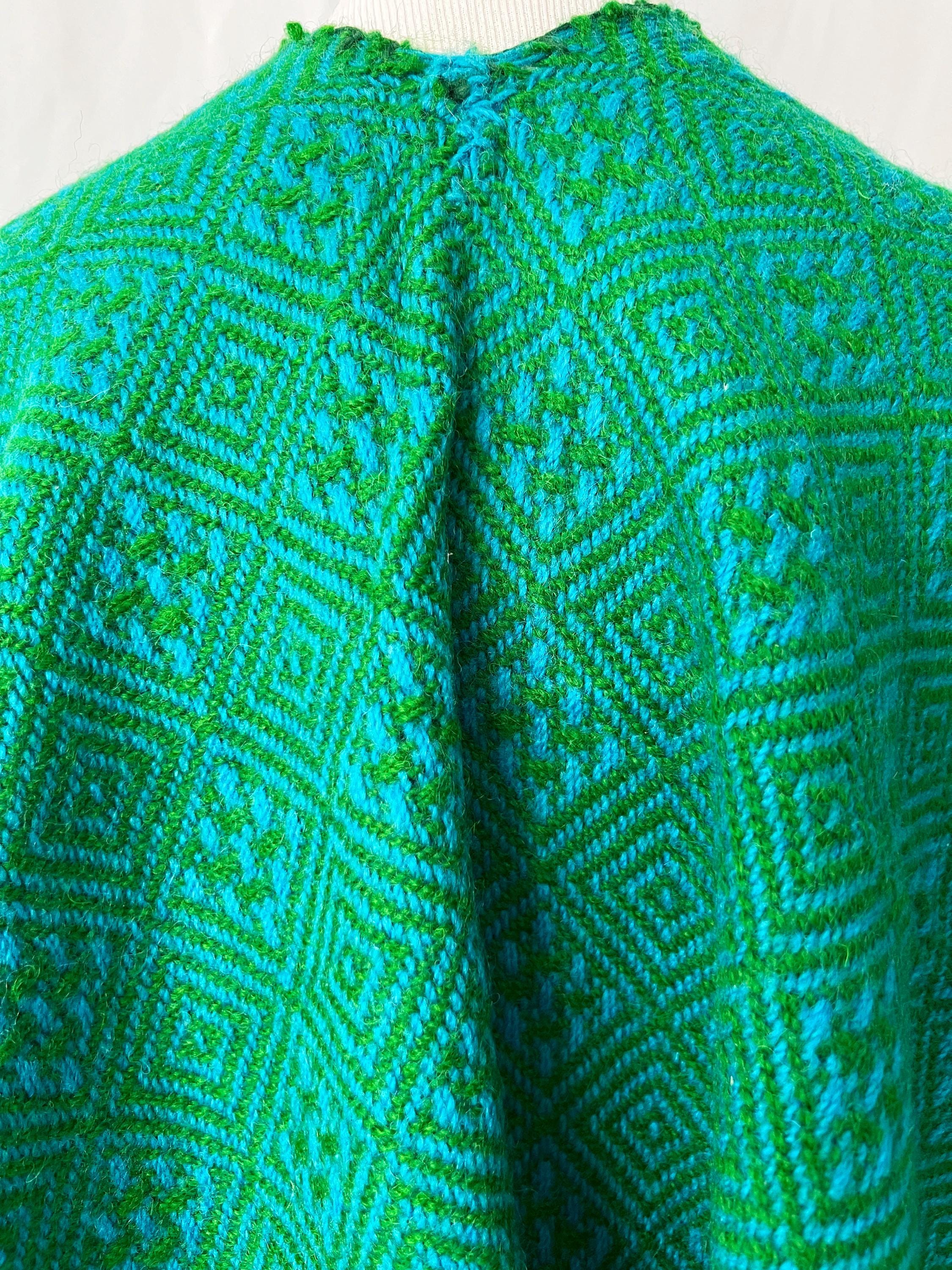 vintage poncho shawl south american woven blue and green abstract pattern