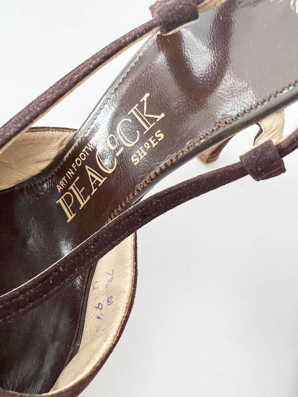 vntg 1960s peep toe t-strap heels  brown velour with original box size 7 1/2