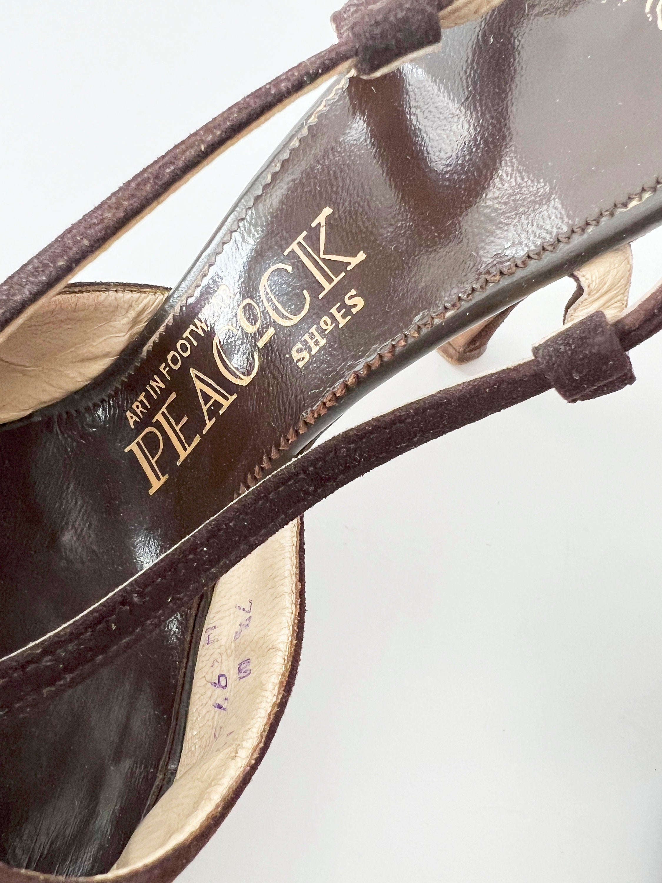 vntg 1960s peep toe t-strap heels  brown velour with original box size 7 1/2