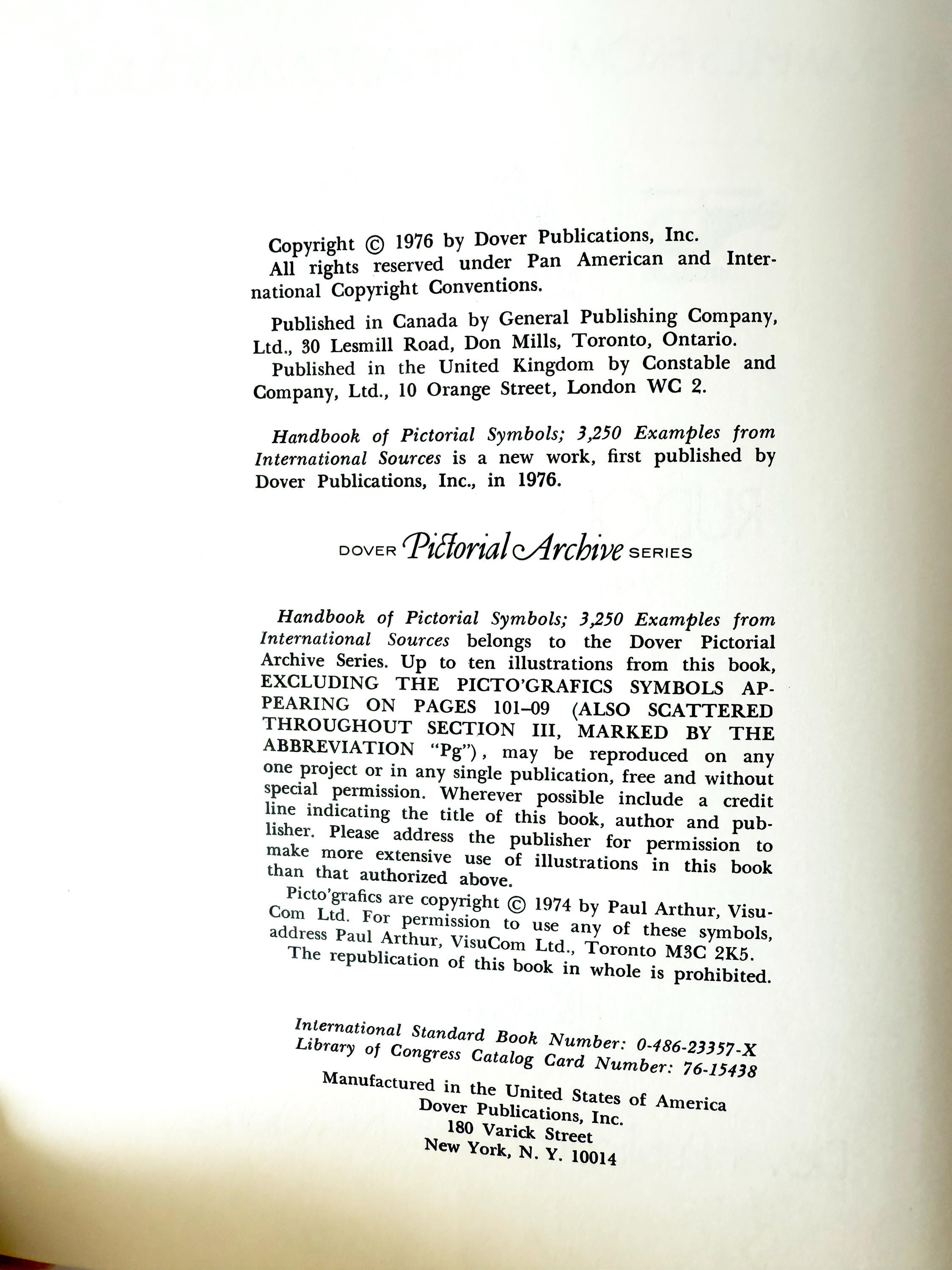 Handbook of Pictorial Symbols 3,250 examples from international sources by Rudolf Modley & William R Meyers 1976