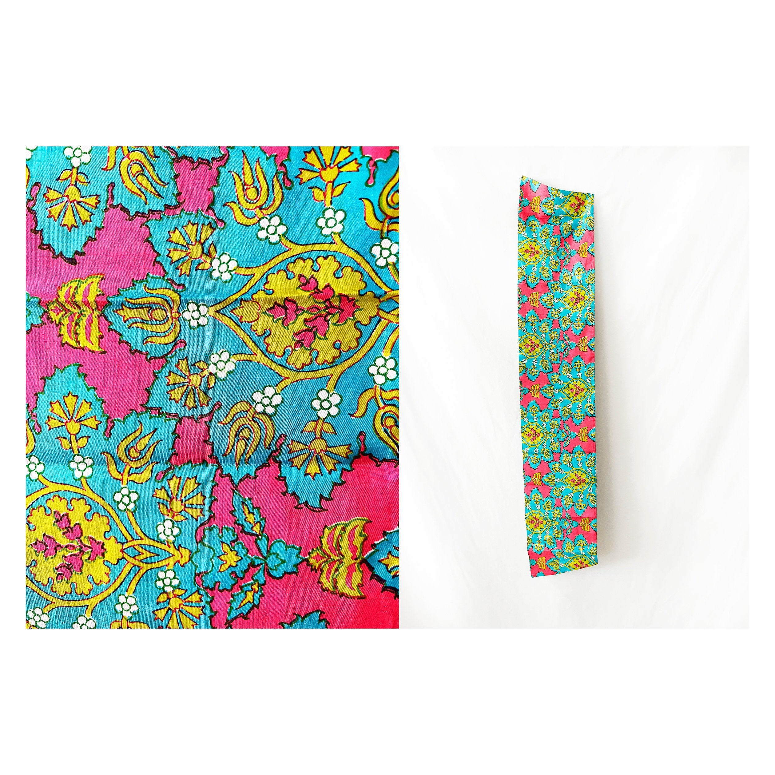 Psychedelic Vintage 1960s Silk Scarf Thai Silk Lime Green and Hot Pink