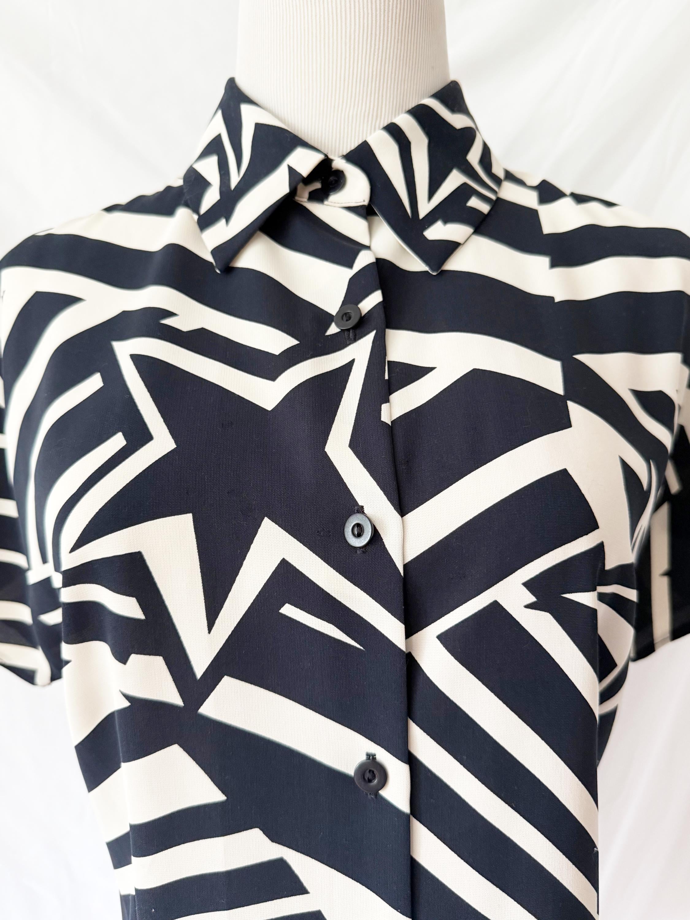 Rodier Navy Blue and  White Star Abstract Button Down Top Blouse sz 8