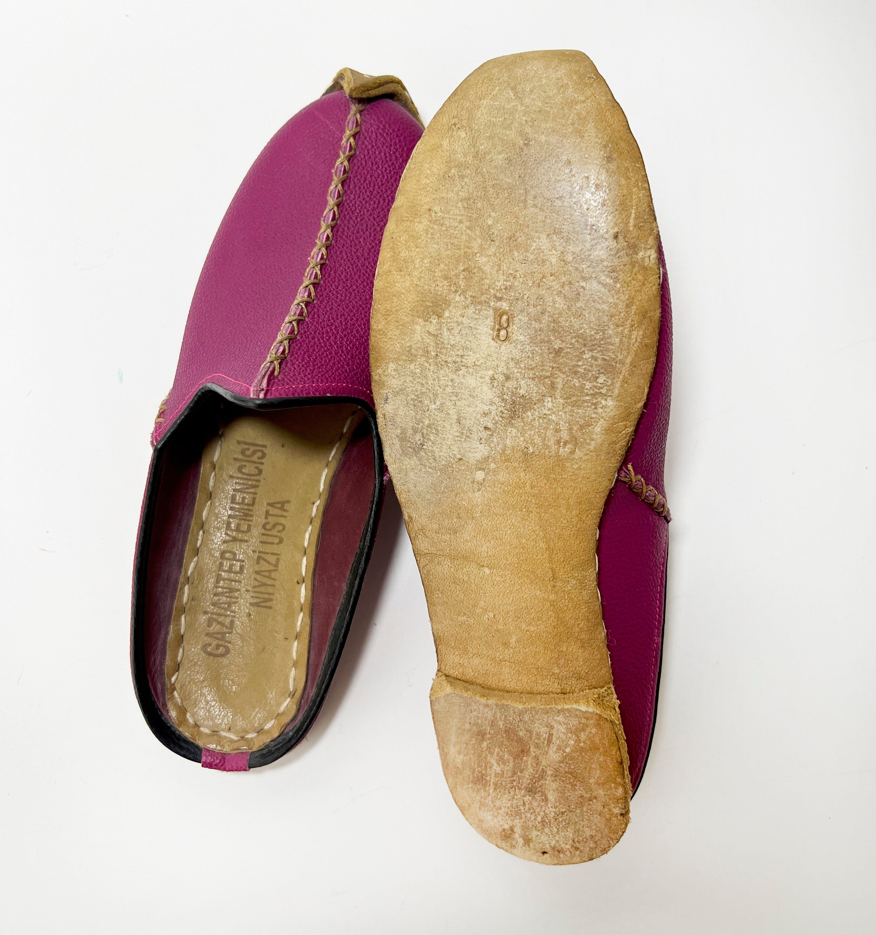 Pink Leather Yemeni Slippers: Handmade Pointy Toe Clogs, Size 7.5