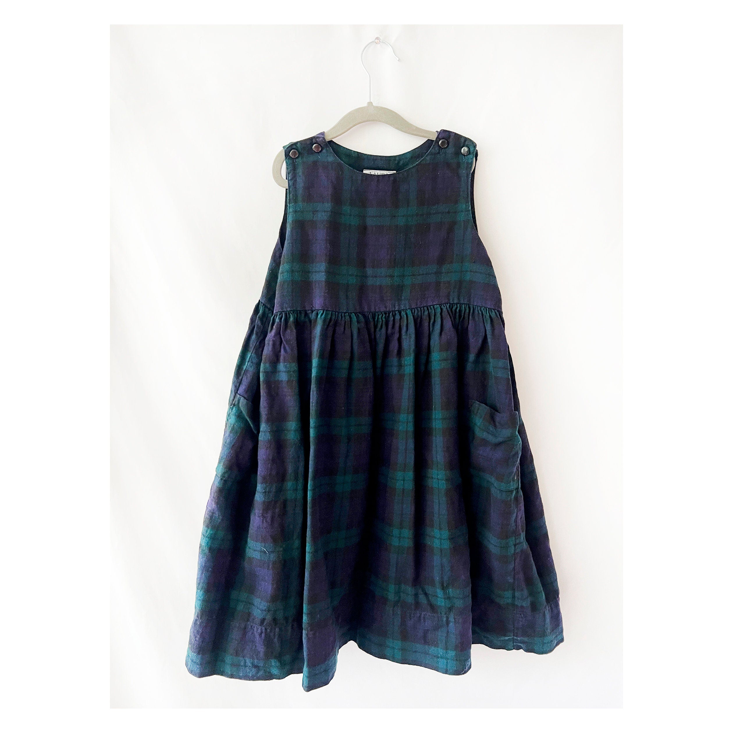 laura ashley dress black watch plaid  flannel dress for girls size 7-8
