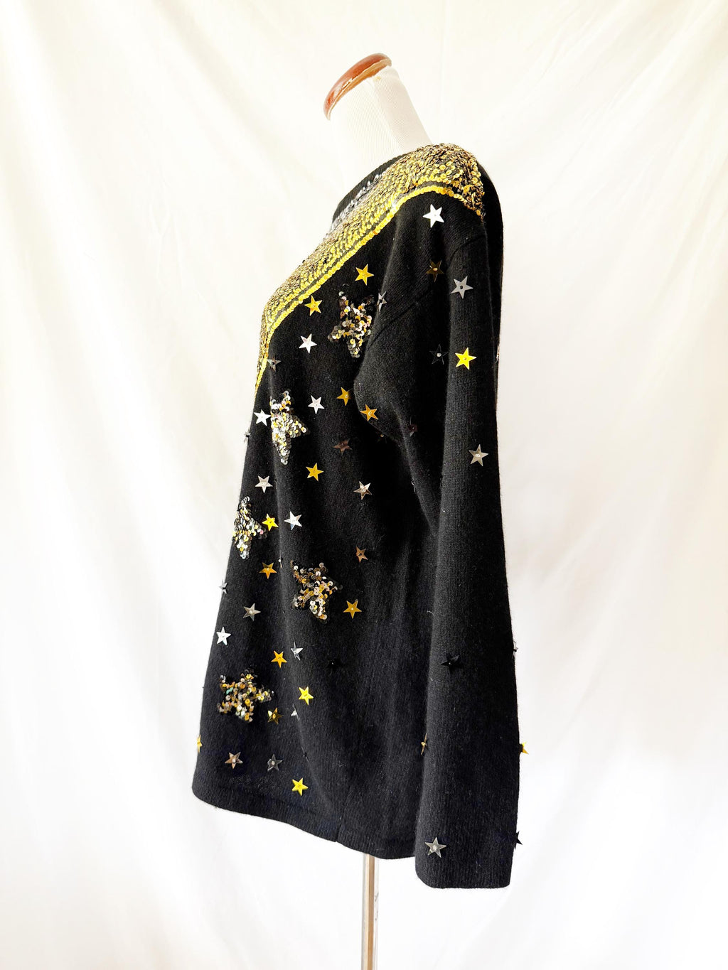 Vintage Angora Wool Sequin Sweater Dress: Gold Celestial Stars, sz M