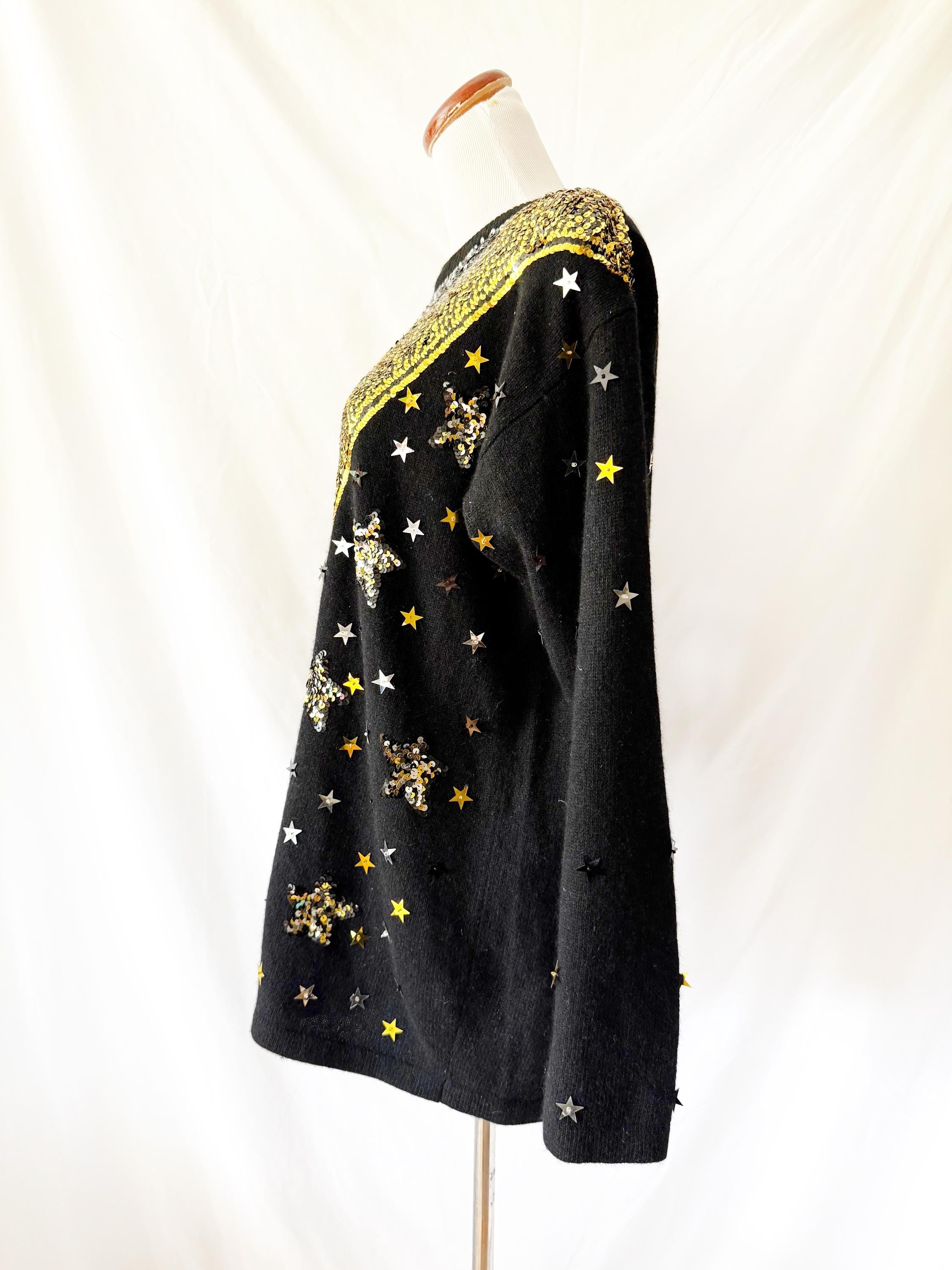Vintage Angora Wool Sequin Sweater Dress: Gold Celestial Stars, sz M