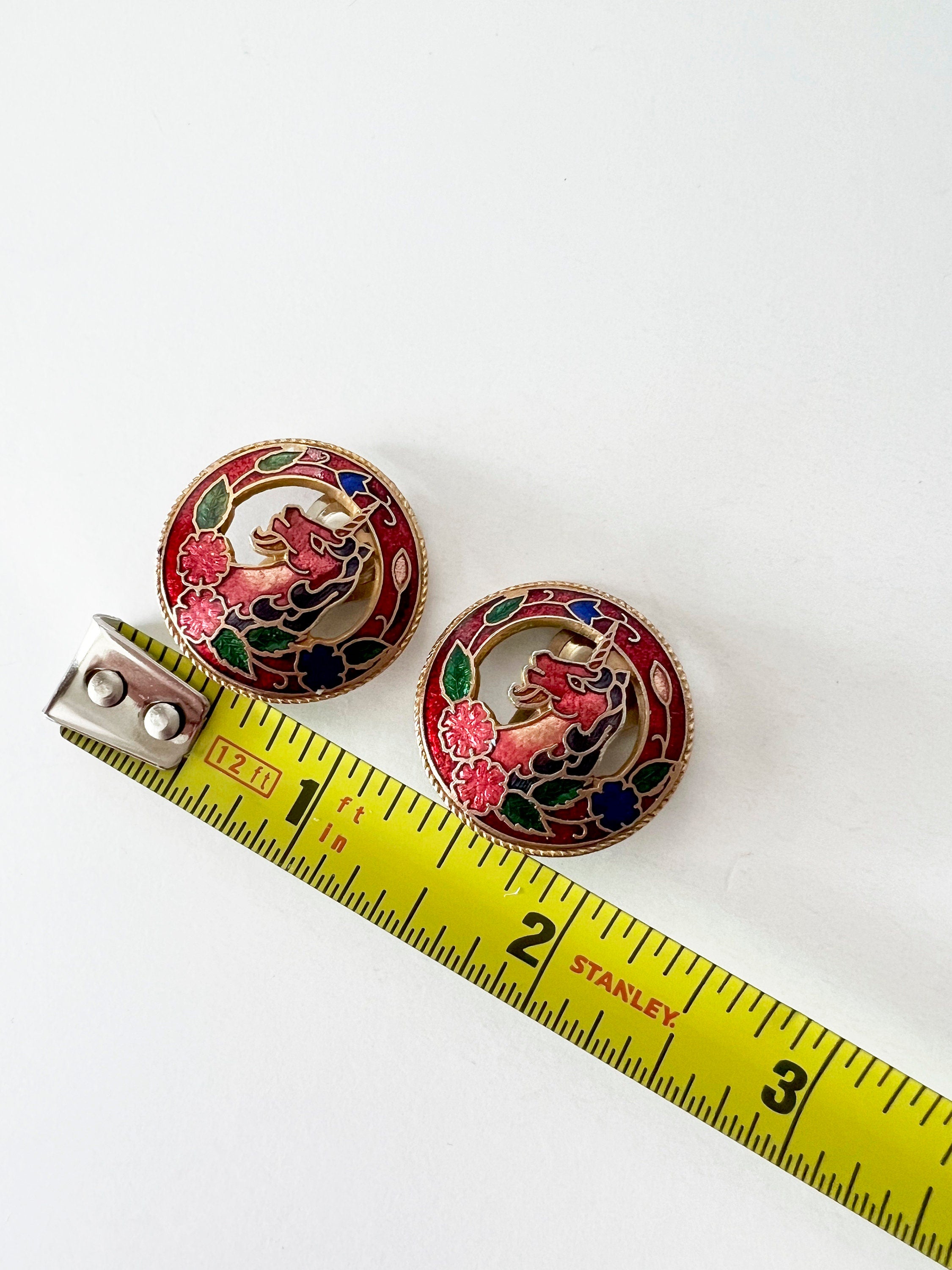 vintage cloisonne earrings unicorns round shape /  mid-century / clip-on