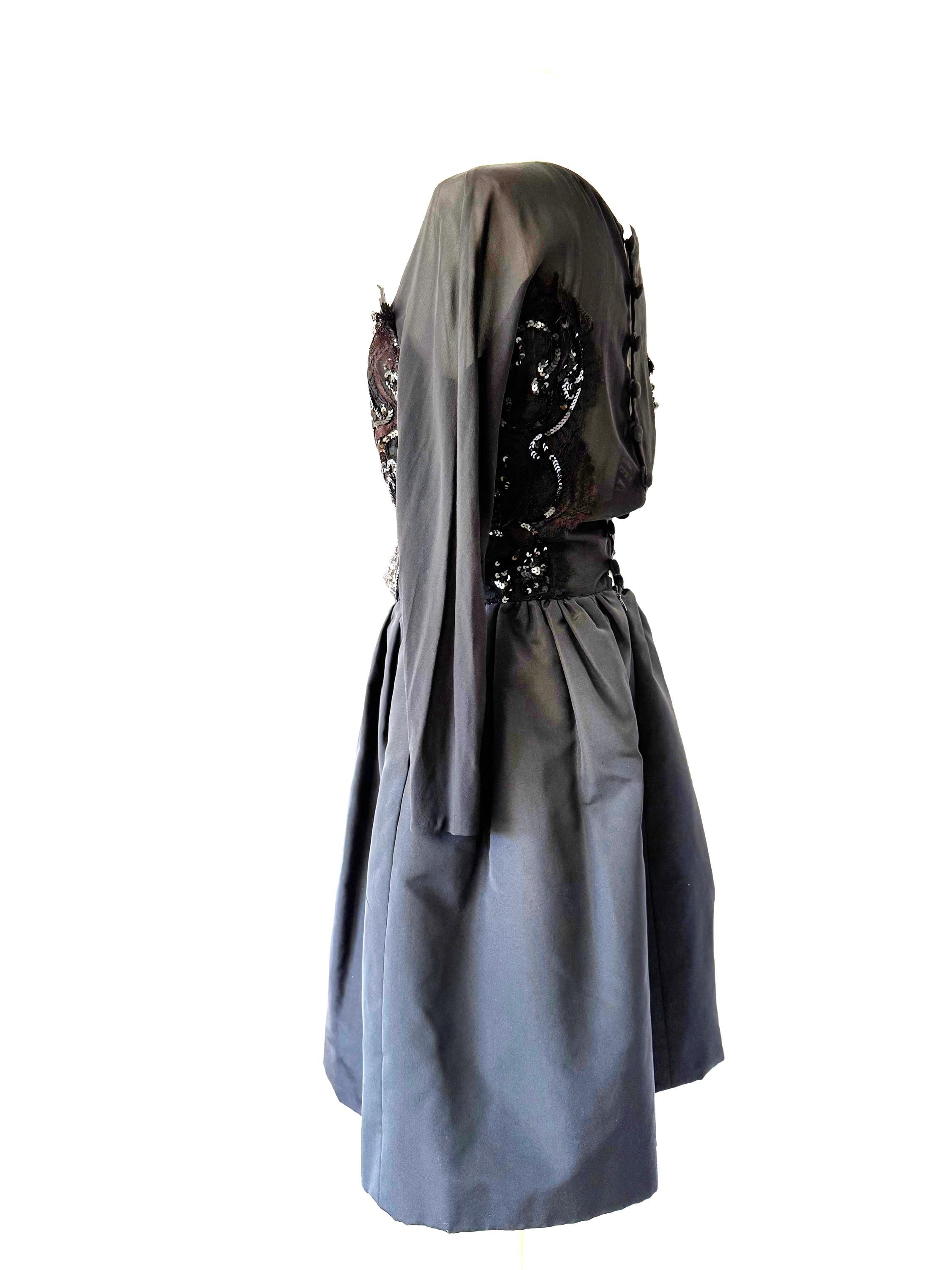 1990s Christian Lacroix Black Dress: Sheer Lace Sequin Top, Bubble Skirt (Small)