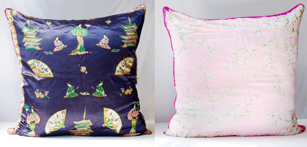 Vintage Silk Scarf Pillow Cover: Japan Cherry Blossoms, Pink Piping