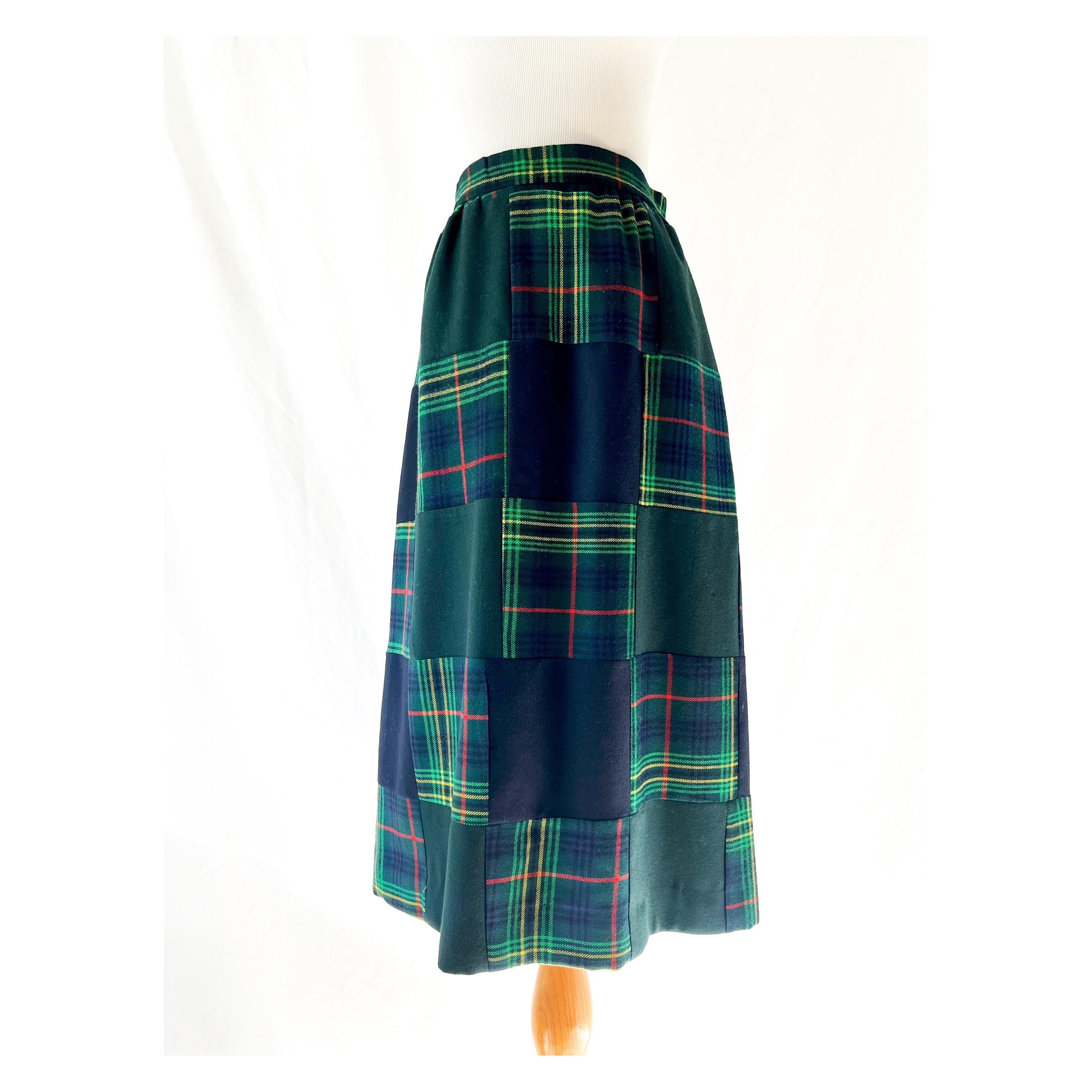 Vintage 1960s Tartan Plaid Wool Skirt: Patchwork Design, Size Small