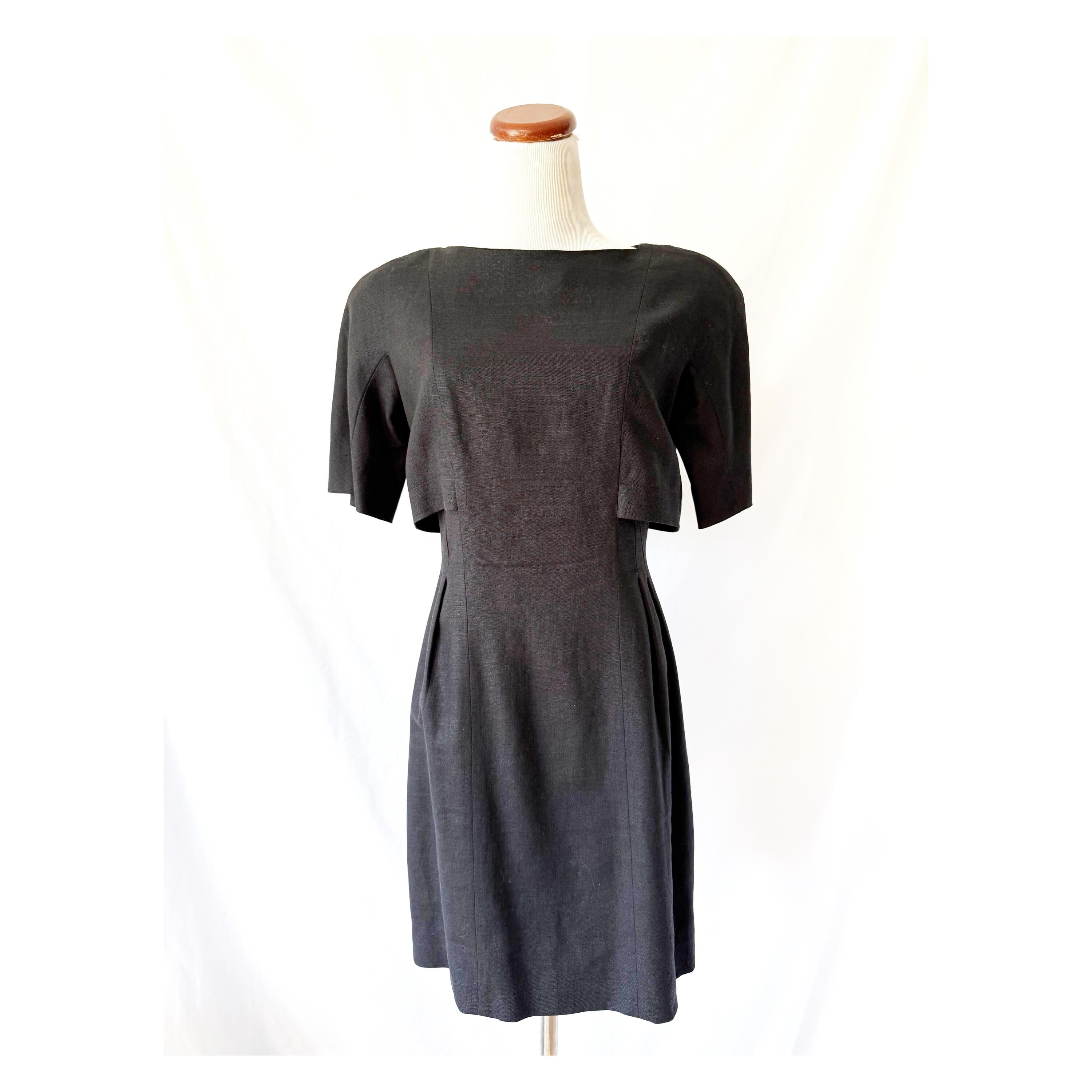 Vintage 1980s Ronnie Heller Black Linen Crop Top Dress Medium